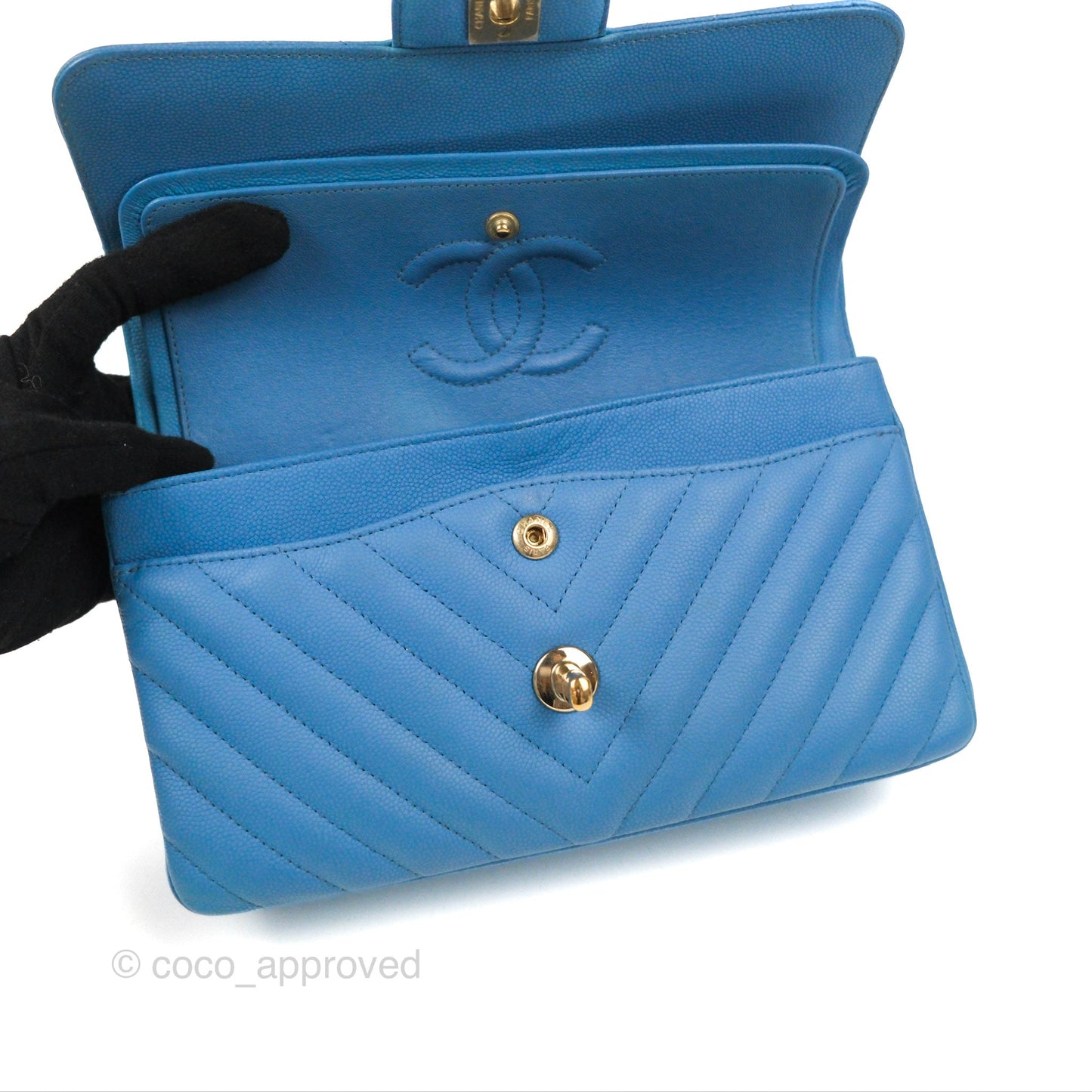 Chanel Small Classic Flap Chevron Blue Caviar Gold Hardware