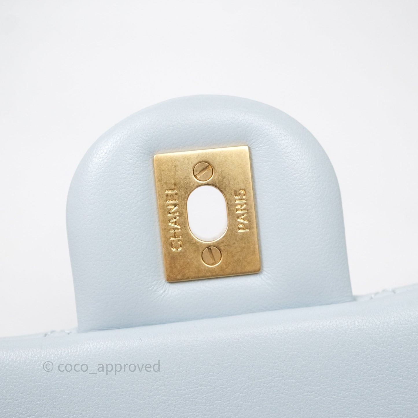 Chanel Pearl Crush Mini Rectangular Light Blue Lambskin Aged Gold Hardware