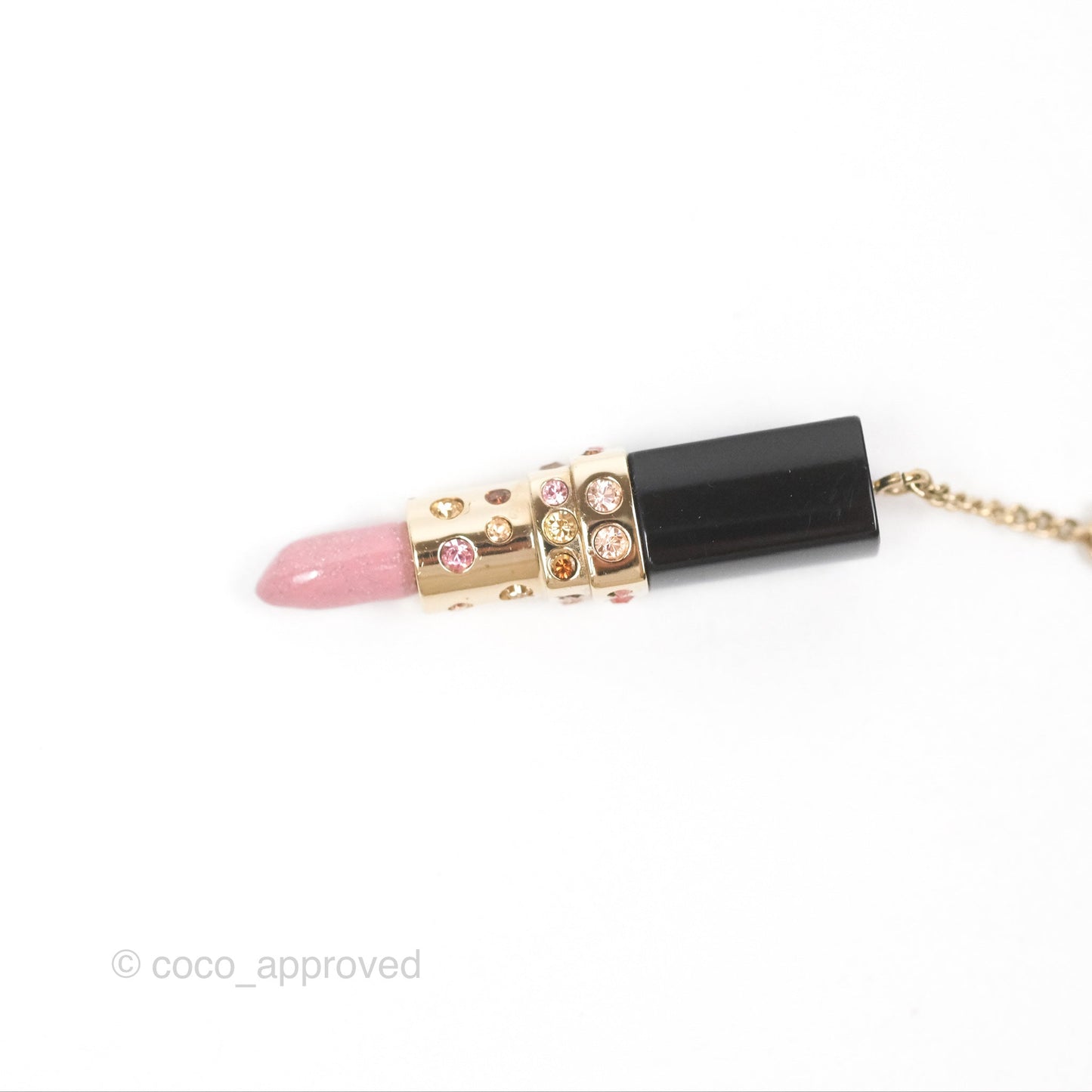Chanel Crystal Lipstick Charm Pendant Necklace Gold Tone 08A