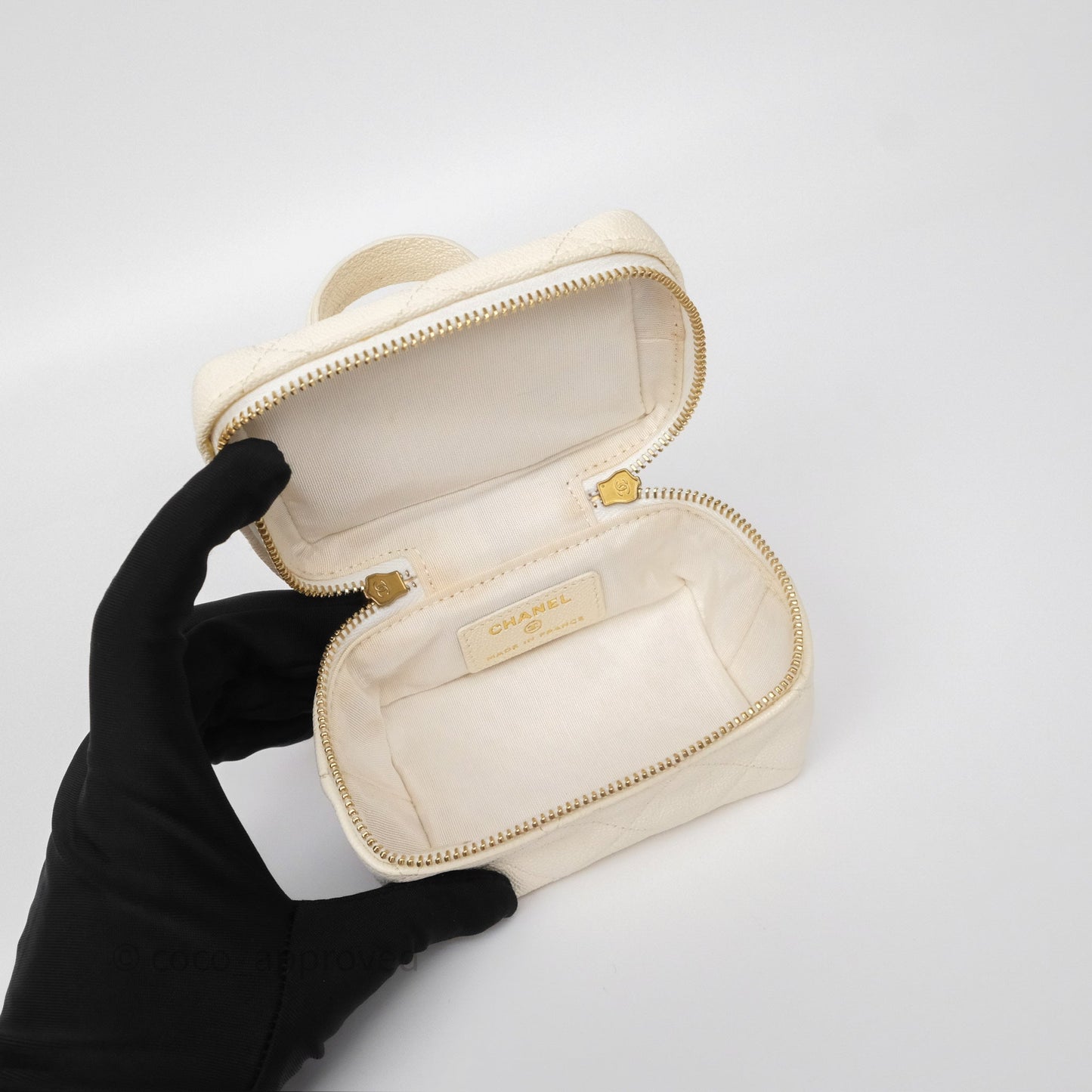 Chanel Quilted Mini Top Handle Vanity With Chain Ivory Caviar Aged Gold Hardware