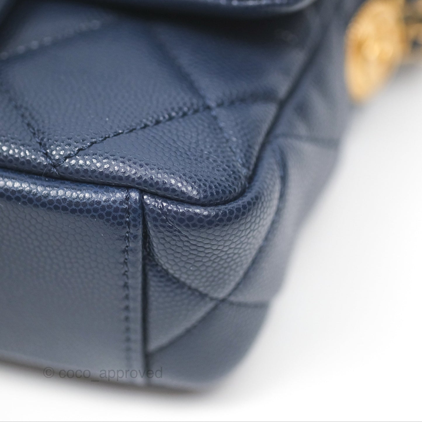 Chanel Mini Flap with Coin Charm Navy Caviar Aged Gold Hardware 22A