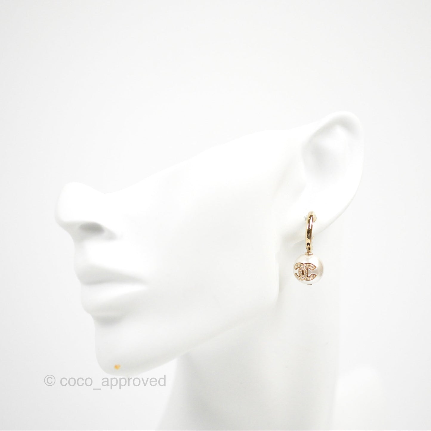 Chanel CC Crystal Pearl Drop Hoop Earrings Gold Tone 22S