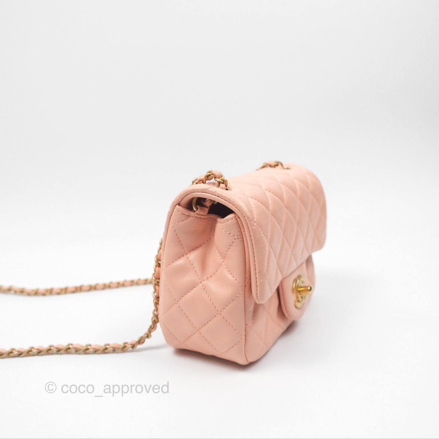 Chanel Pearl Crush Mini Square Quilted Peach Beige Lambskin Aged Gold Hardware