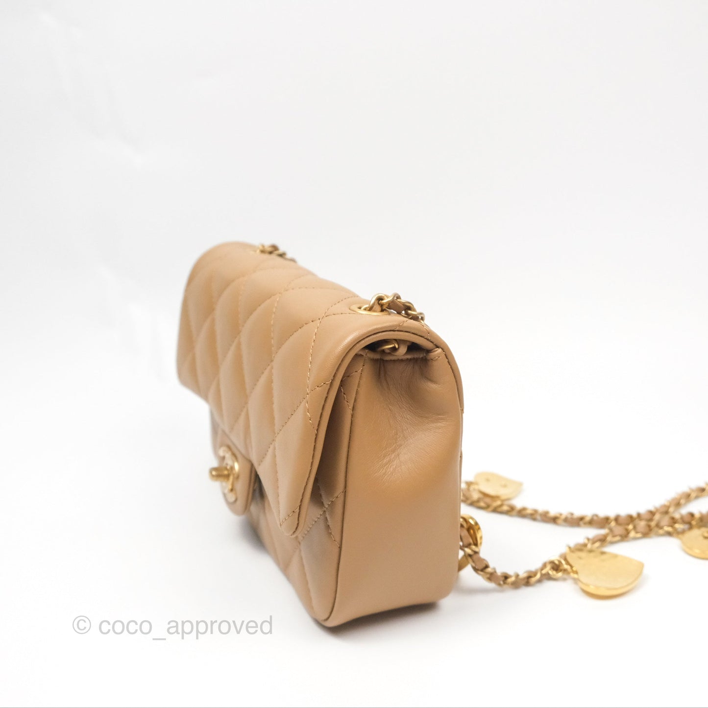 Chanel Mini Flap Bag With Heart CC Charm Beige Lambskin Aged Gold Hardware 22B