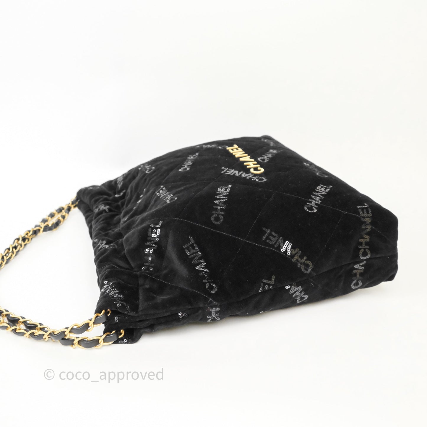 Chanel 22 Medium Sequins Logo Black Velvet