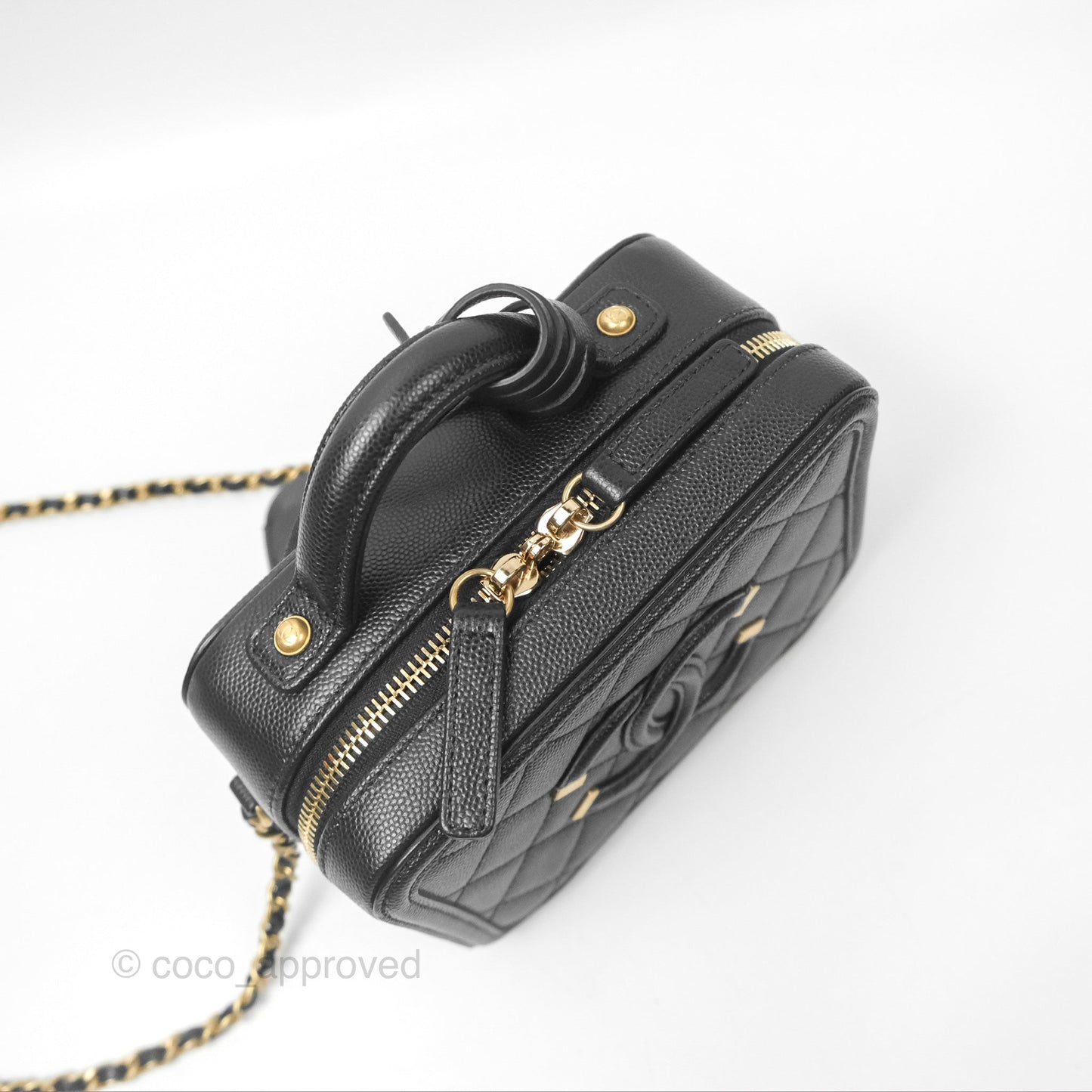 Chanel Quilted Small CC Filigree Vanity Case Black Caviar Aged Gold Hardware