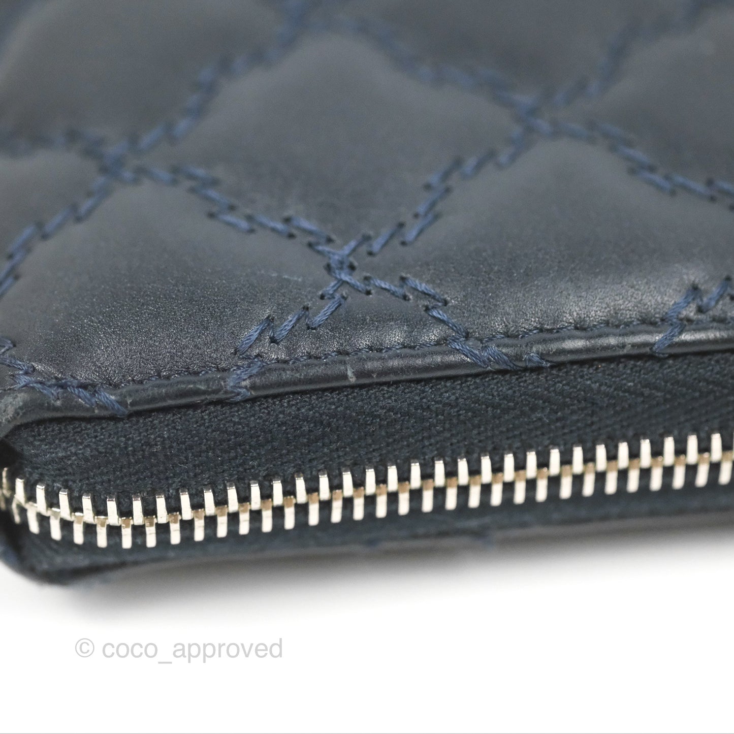 Chanel Quilted Zip Long Wallet Navy Lambskin Silver Hardware