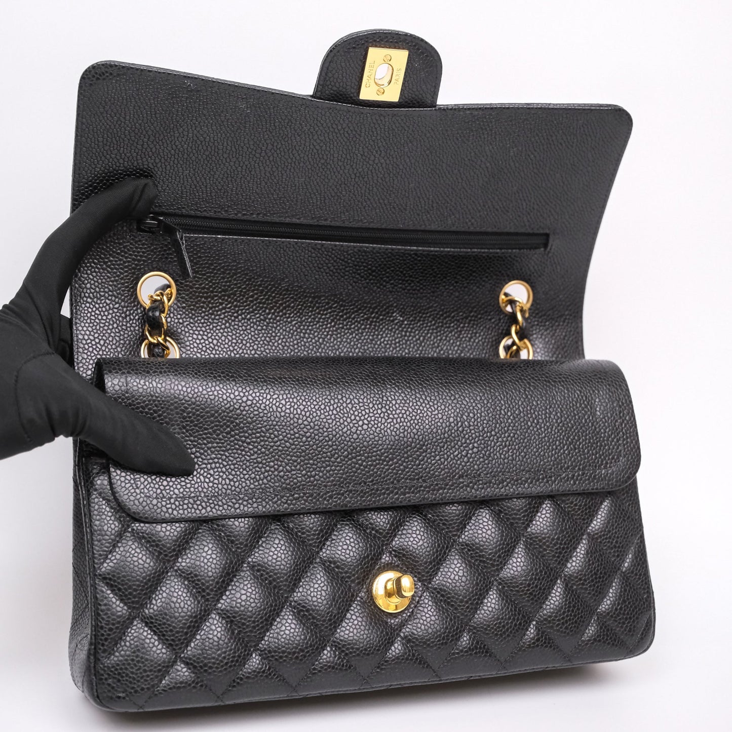 Chanel Classic M/L Medium Flap Quilted Black Caviar Gold Hardware