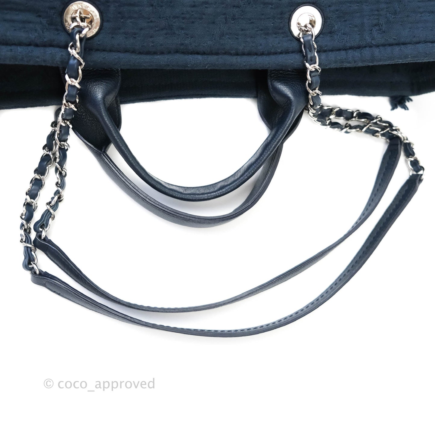 Chanel Large Fabric Navy Blue Shopping Bag Silver Hardware