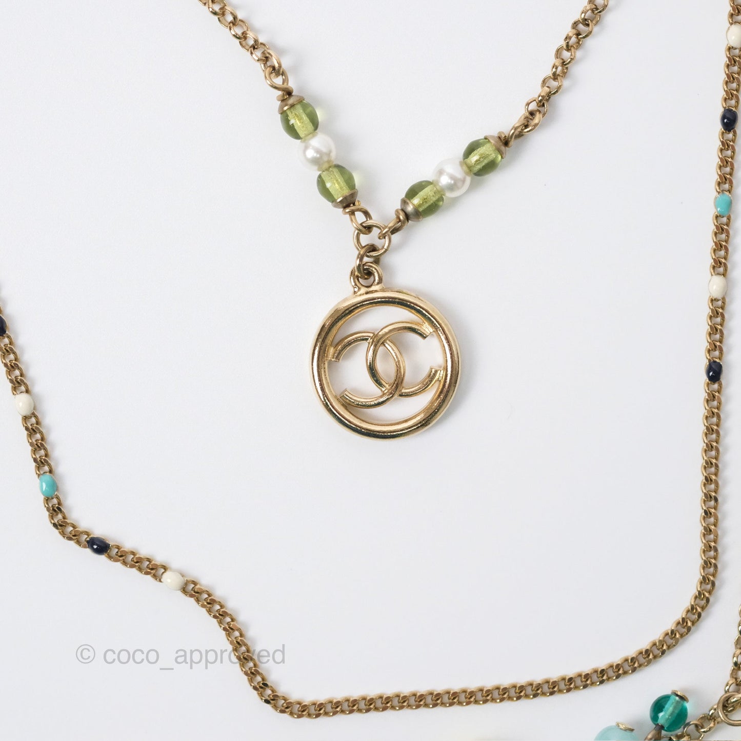 Chanel Pearl CC Green Bead Long Necklace Gold Tone 19S