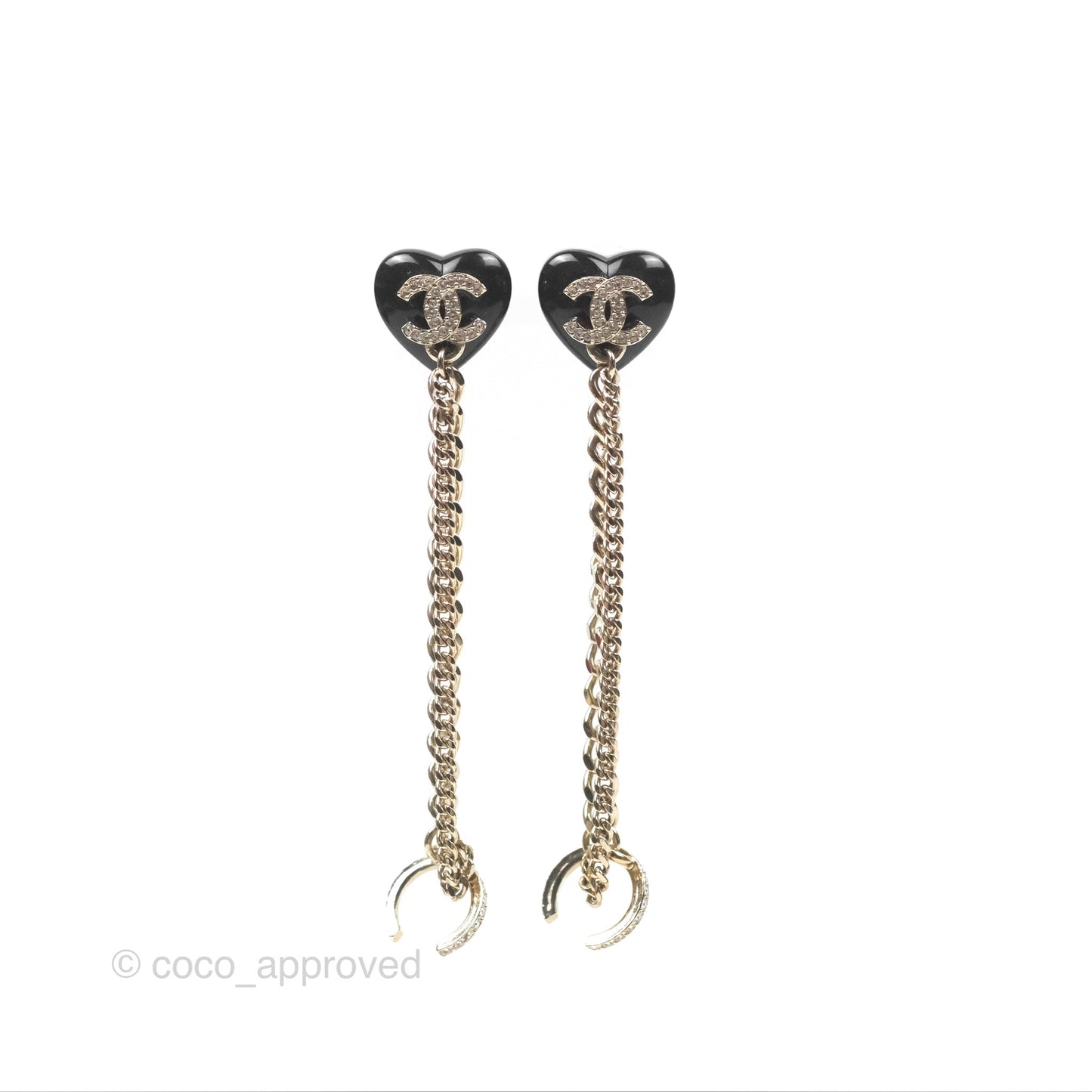 Chanel Crystal CC Black Heart Chain Drop Earrings Gold Tone 22B