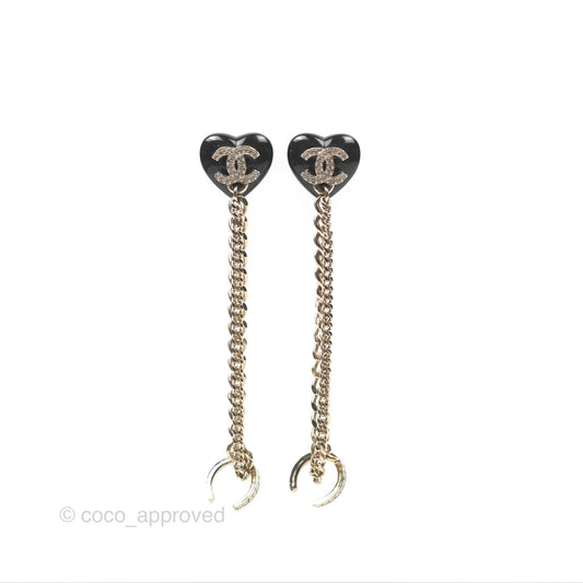 Chanel Crystal CC Black Heart Chain Drop Earrings Gold Tone 22B