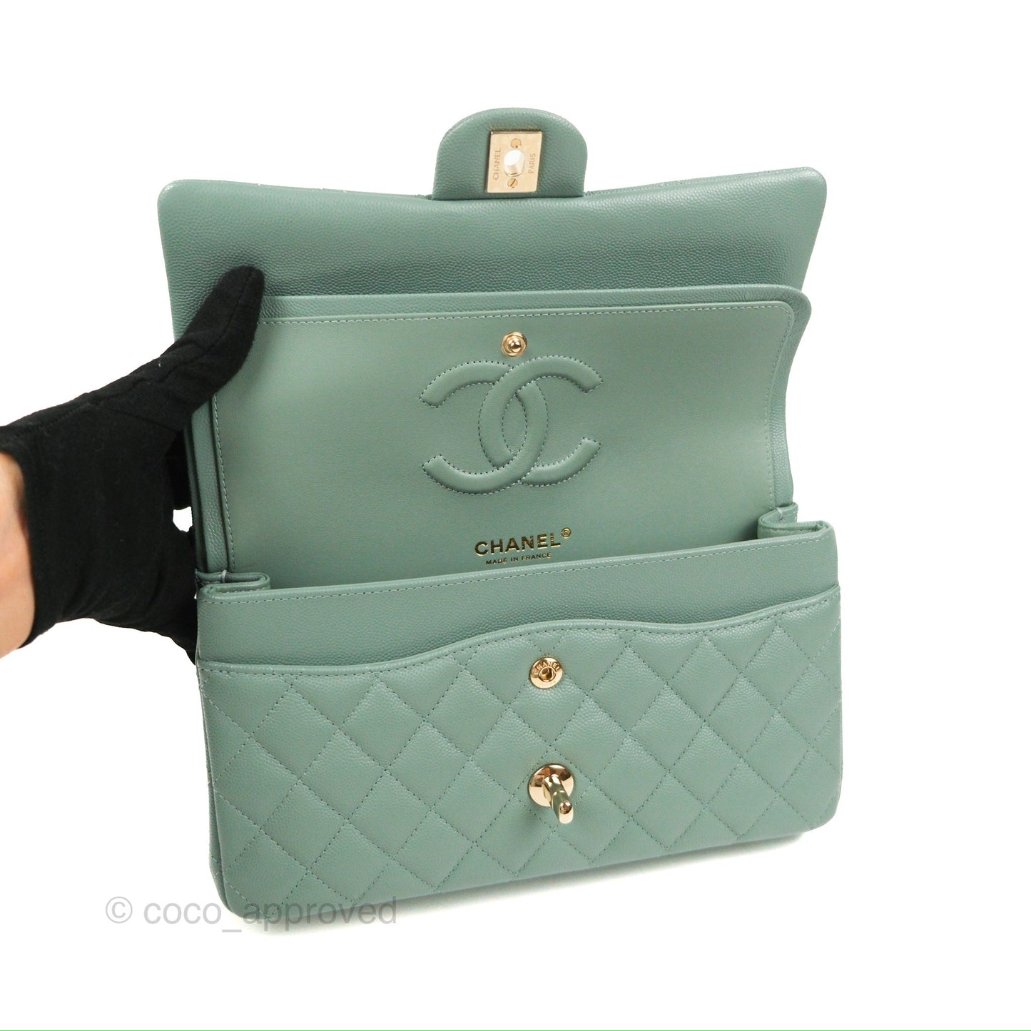 Chanel Classic M/L Medium Flap Quilted Tiffany Green Caviar Gold Hardware