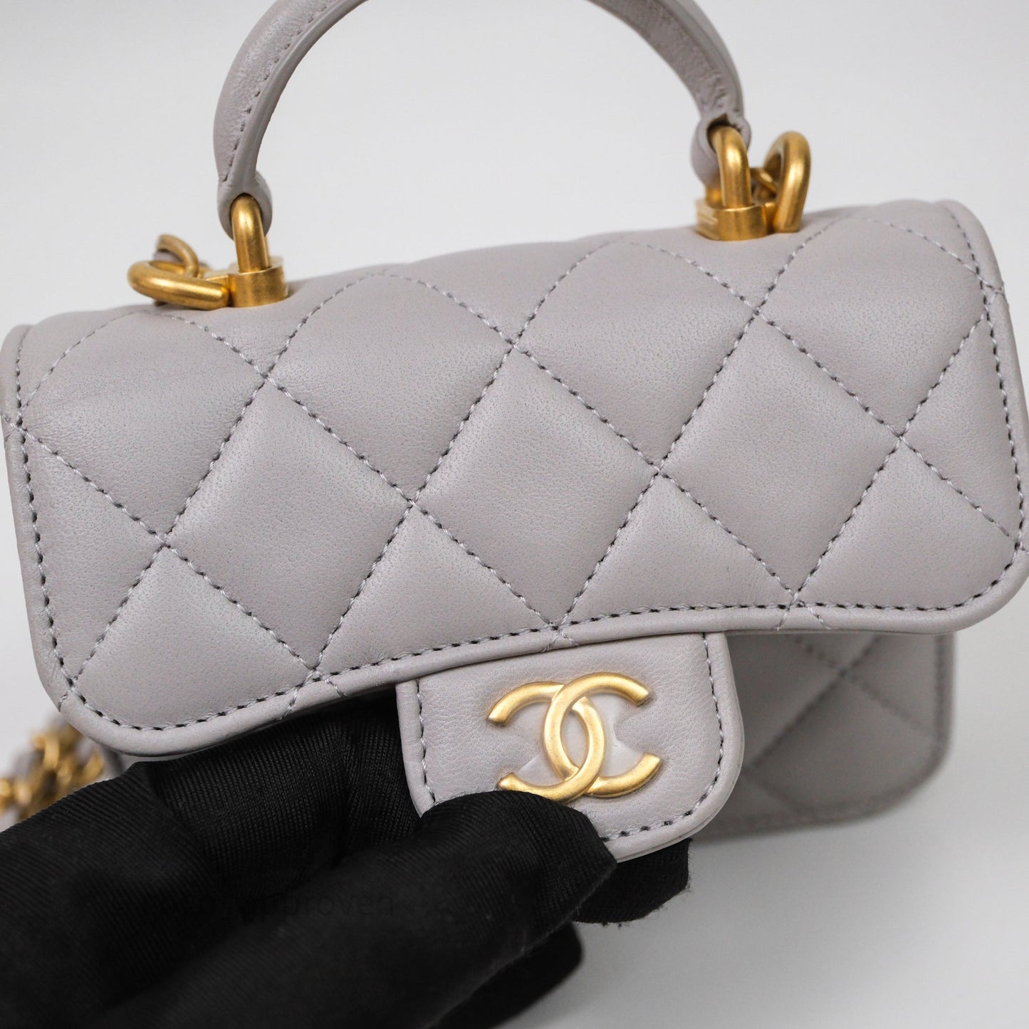 Chanel Mini Handle Flap Coin Purse With Chain Grey Lambskin Aged Gold Hardware