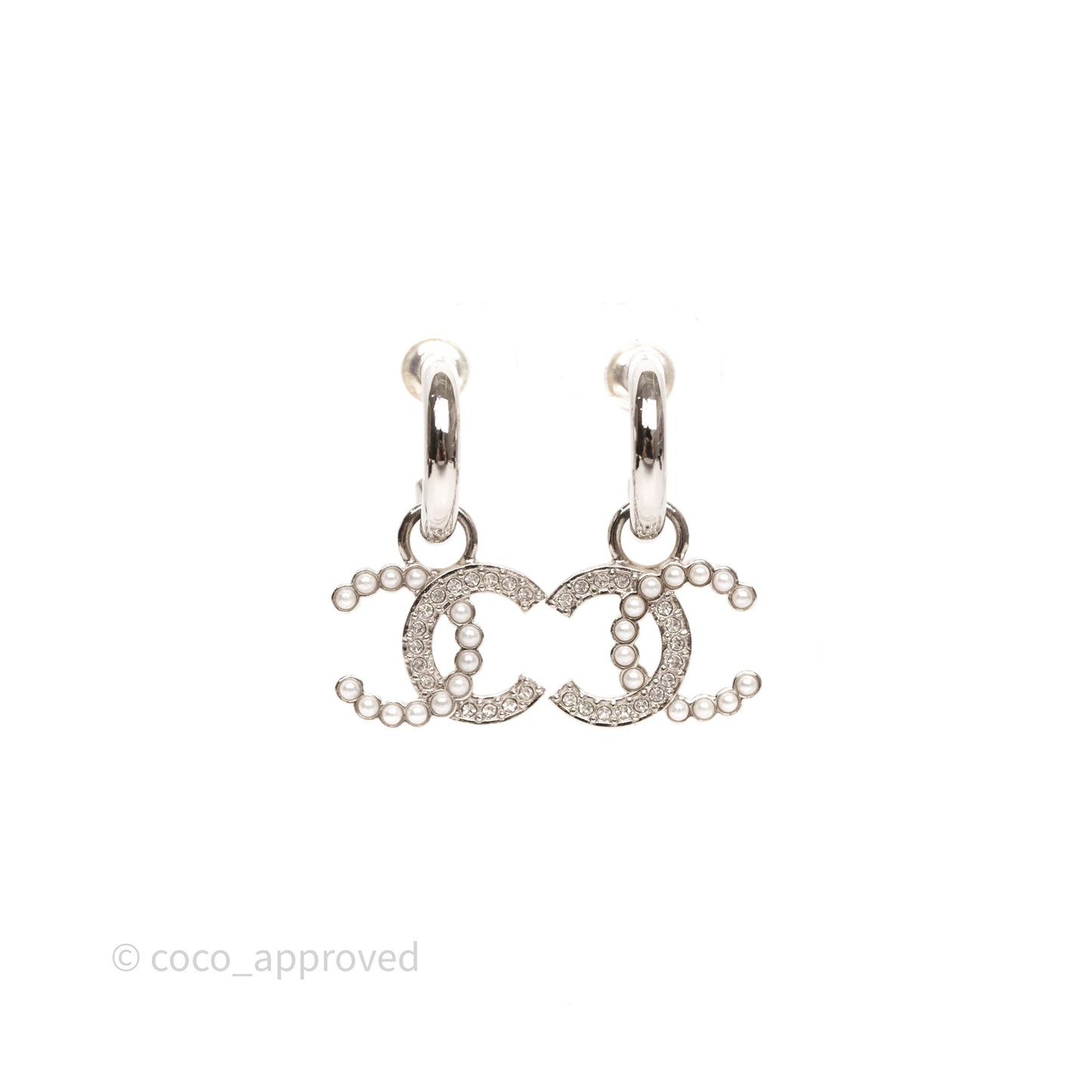 Chanel CC Crystal Pearl Drop Earrings Silver Tone 24S