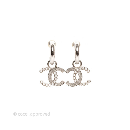 Chanel CC Crystal Pearl Drop Earrings Silver Tone 24S
