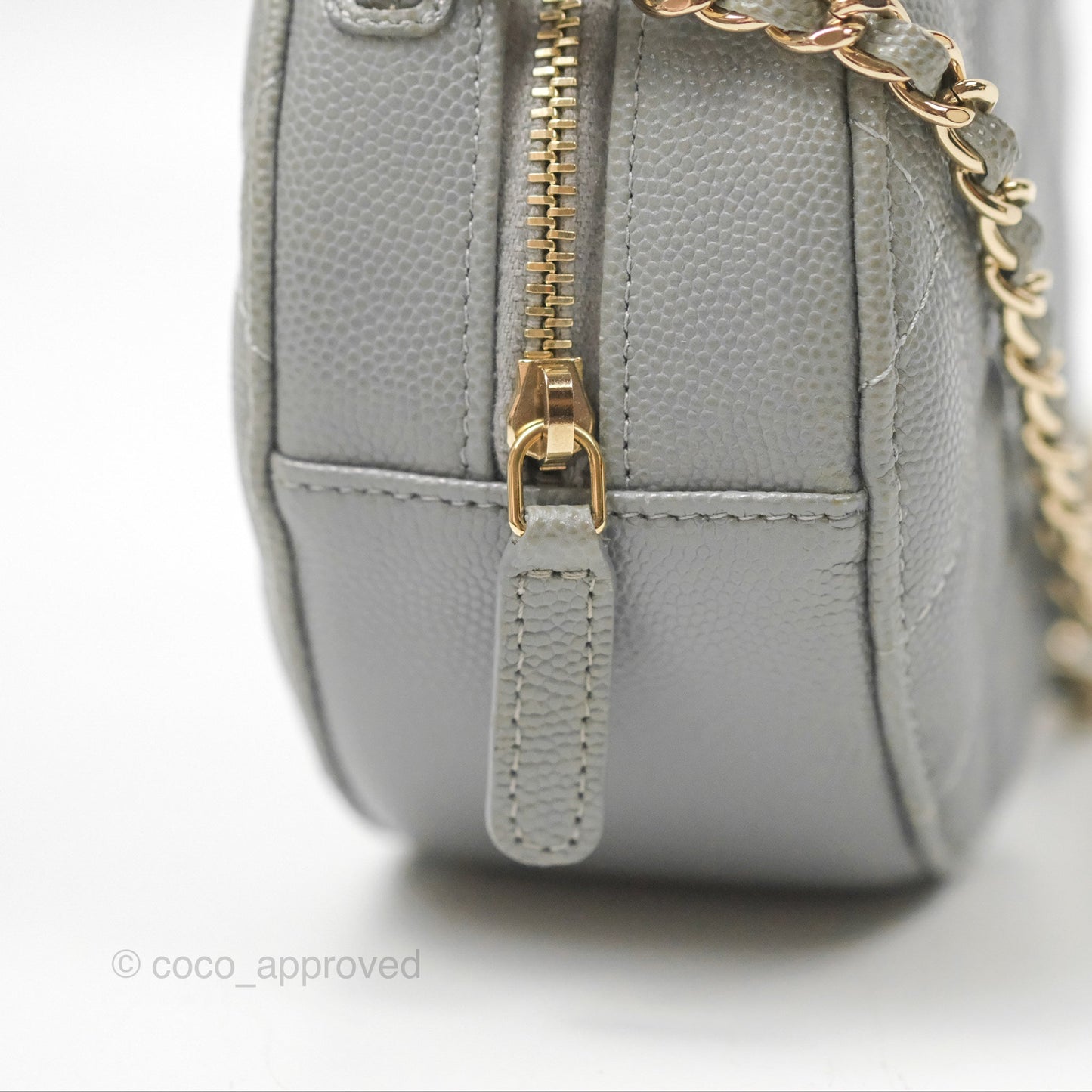 Chanel Classic Quilted Round Clutch With Chain Grey Caviar Gold Hardware