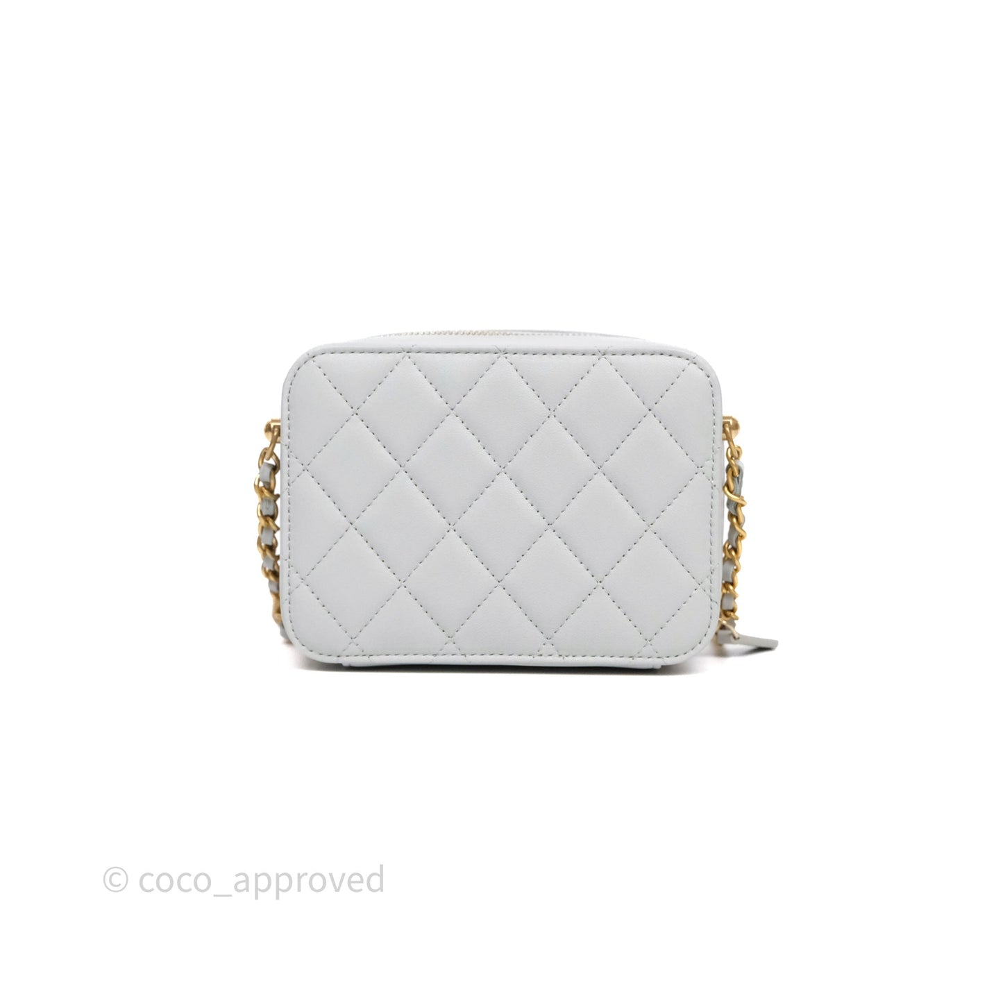 Chanel Quilted CC Pearl Crush Camera Case Light Blue Grey Lambskin Aged Gold Hardware