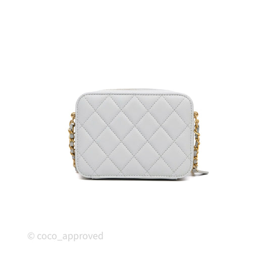 Chanel Quilted CC Pearl Crush Camera Case Light Blue Grey Lambskin Aged Gold Hardware
