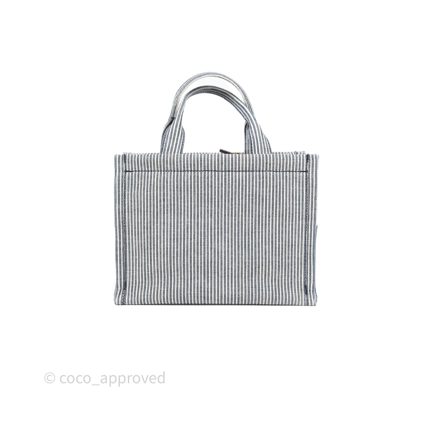 Celine Small Triomphe Cabas Thais Navy Blue Striped Canvas Tan Calfskin