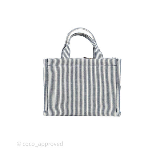 Celine Small Triomphe Cabas Thais Navy Blue Striped Canvas Tan Calfskin