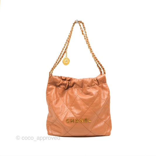 Chanel 22 Small Caramel Beige Shiny Calfskin Aged Gold Hardware