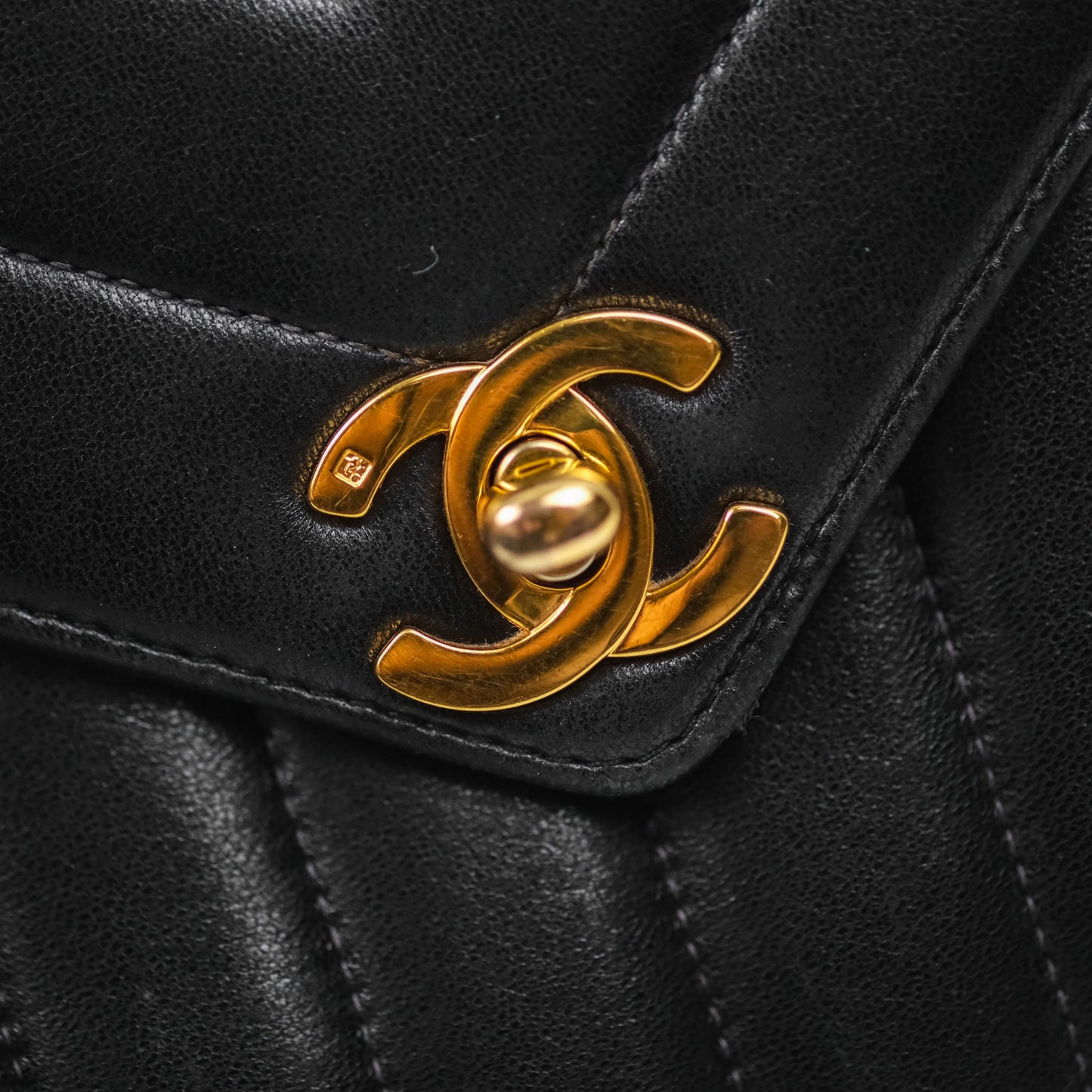 Chanel Vintage Chevron Envelope Flap Bag Black Lambskin 24K Gold Hardware