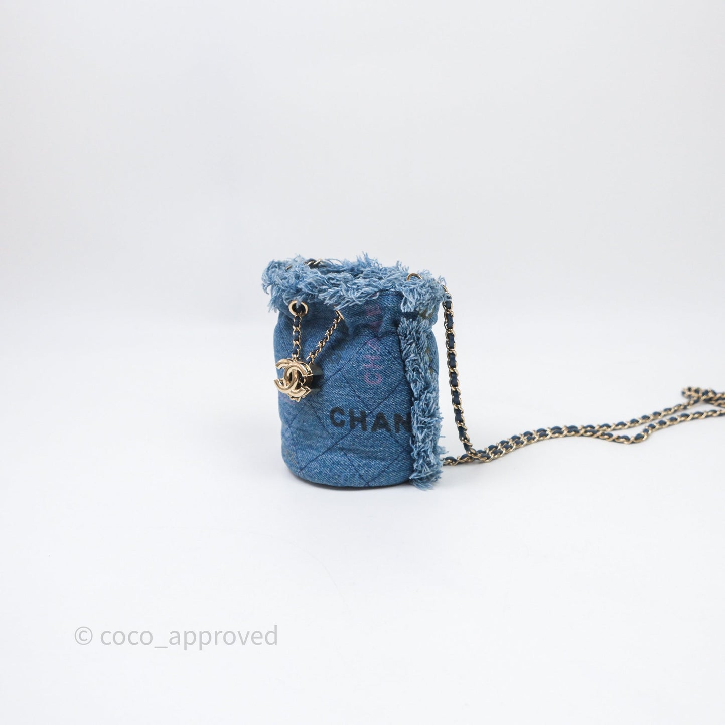Chanel Mood Denim Mini Bucket Bag with Chain Blue Gold Hardware