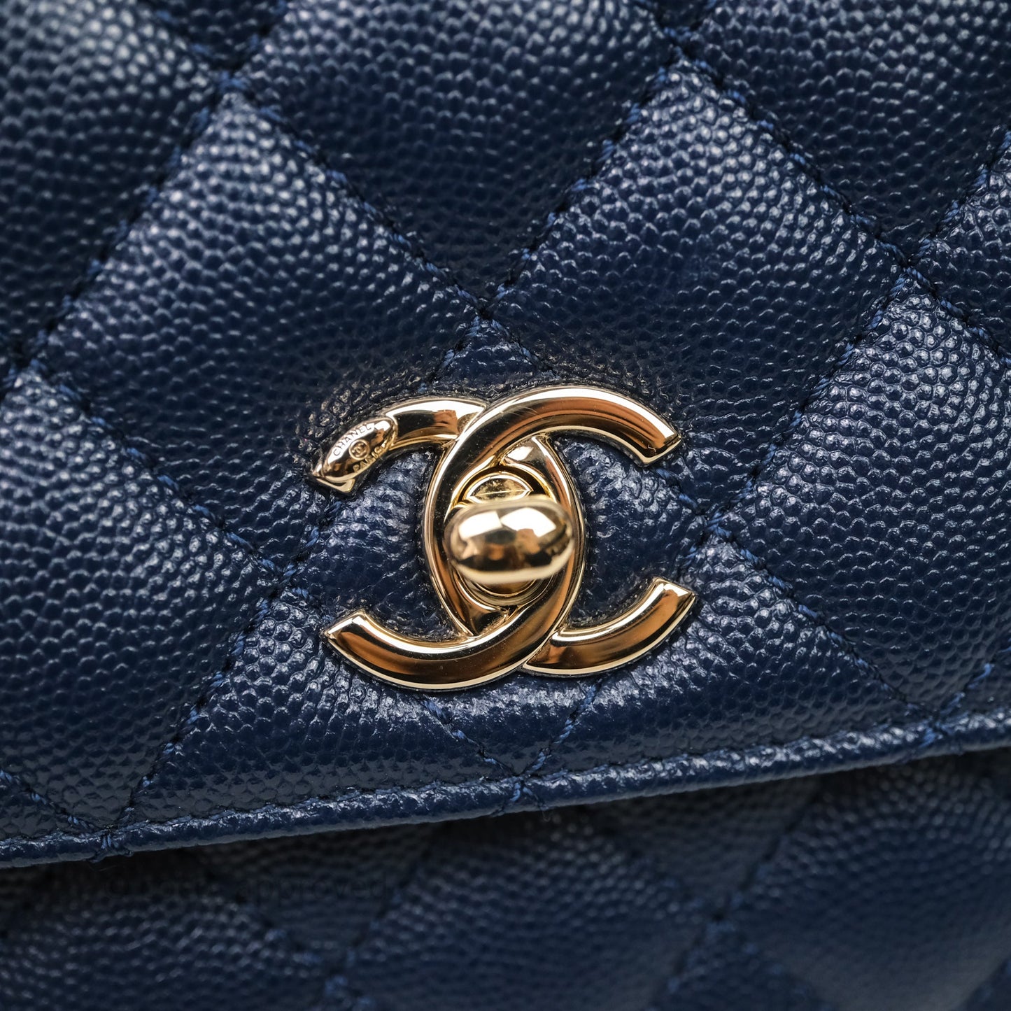 Chanel Small Coco Handle Navy Caviar Gold Hardware Lizard Handle