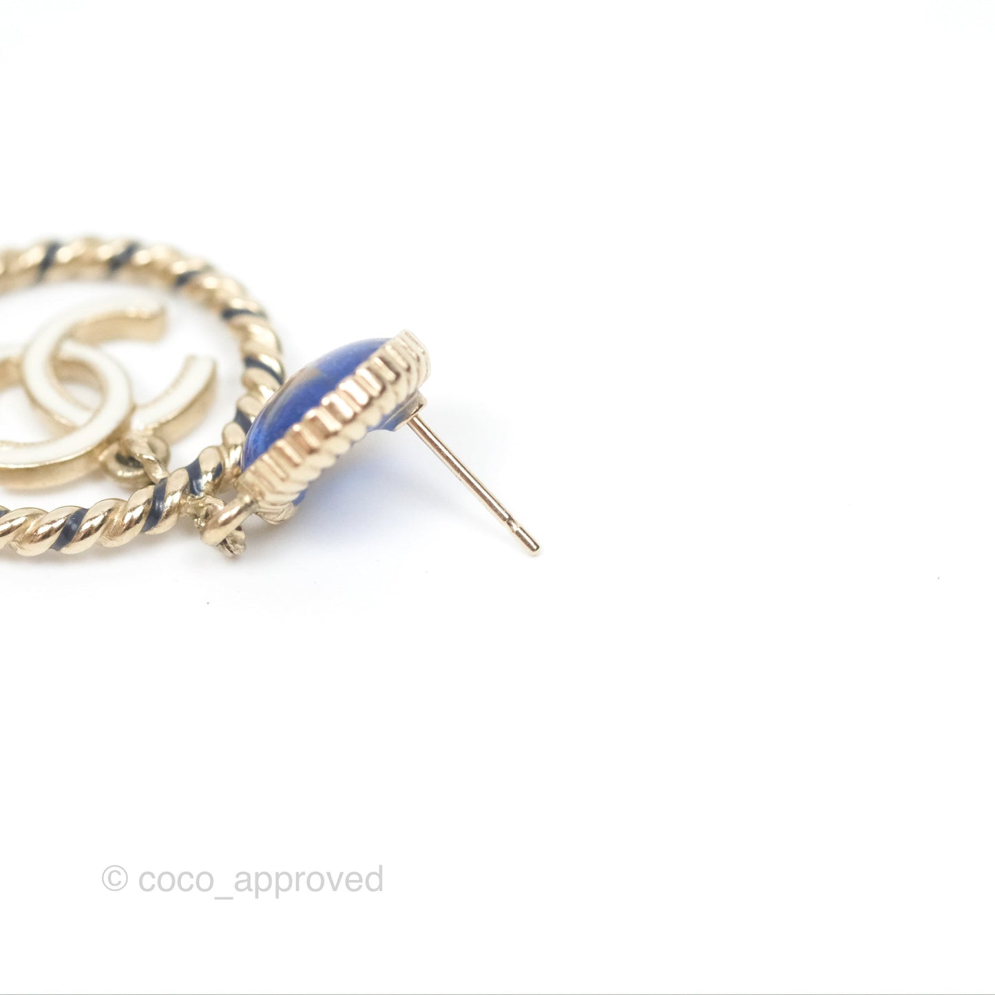 Chanel Round Blue Star Twist Circle White CC Drop Earrings Gold Tone 19C