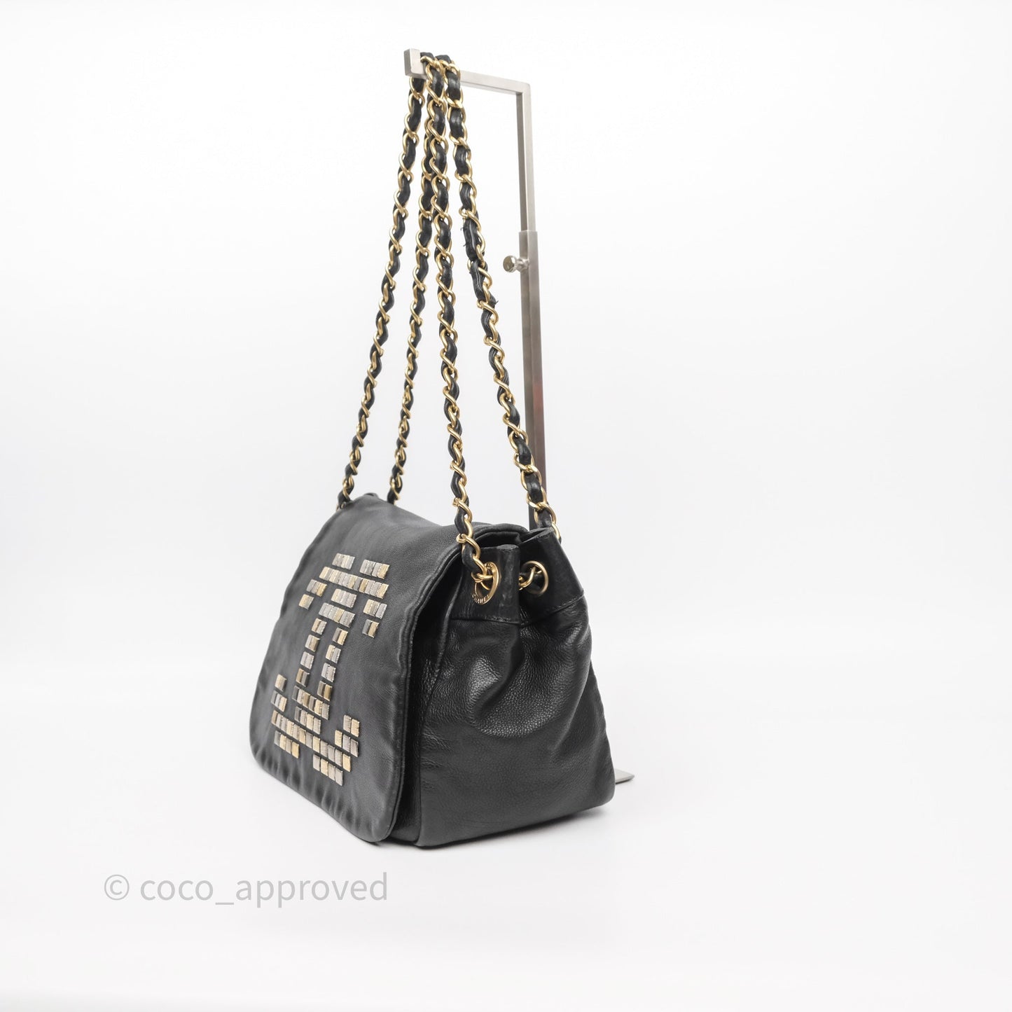 Chanel Mosaic Studs Accordion Flap Bag Black Calfskin Aged Gold Hardware