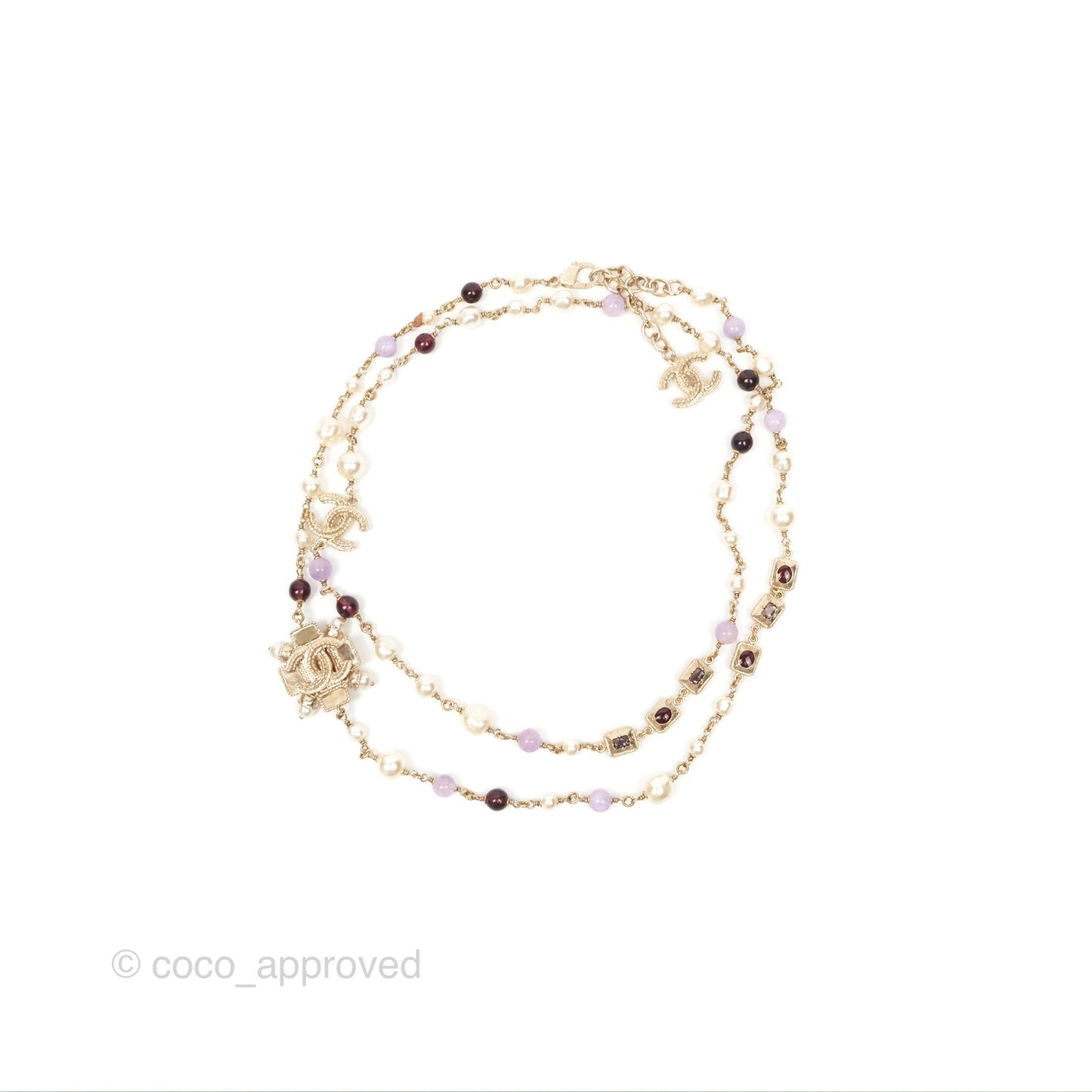 Chanel CC Pearl GemStone Long Necklace Gold Tone 17A