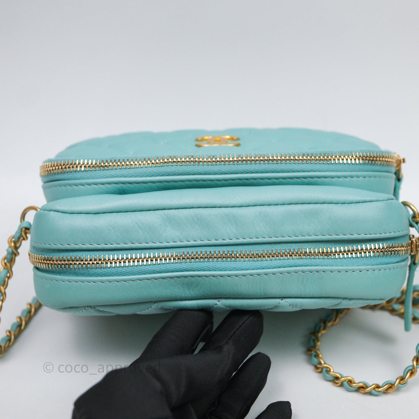 Chanel Camera Bag Quilted Pearly Turquoise Lambskin Aged Gold Hardware