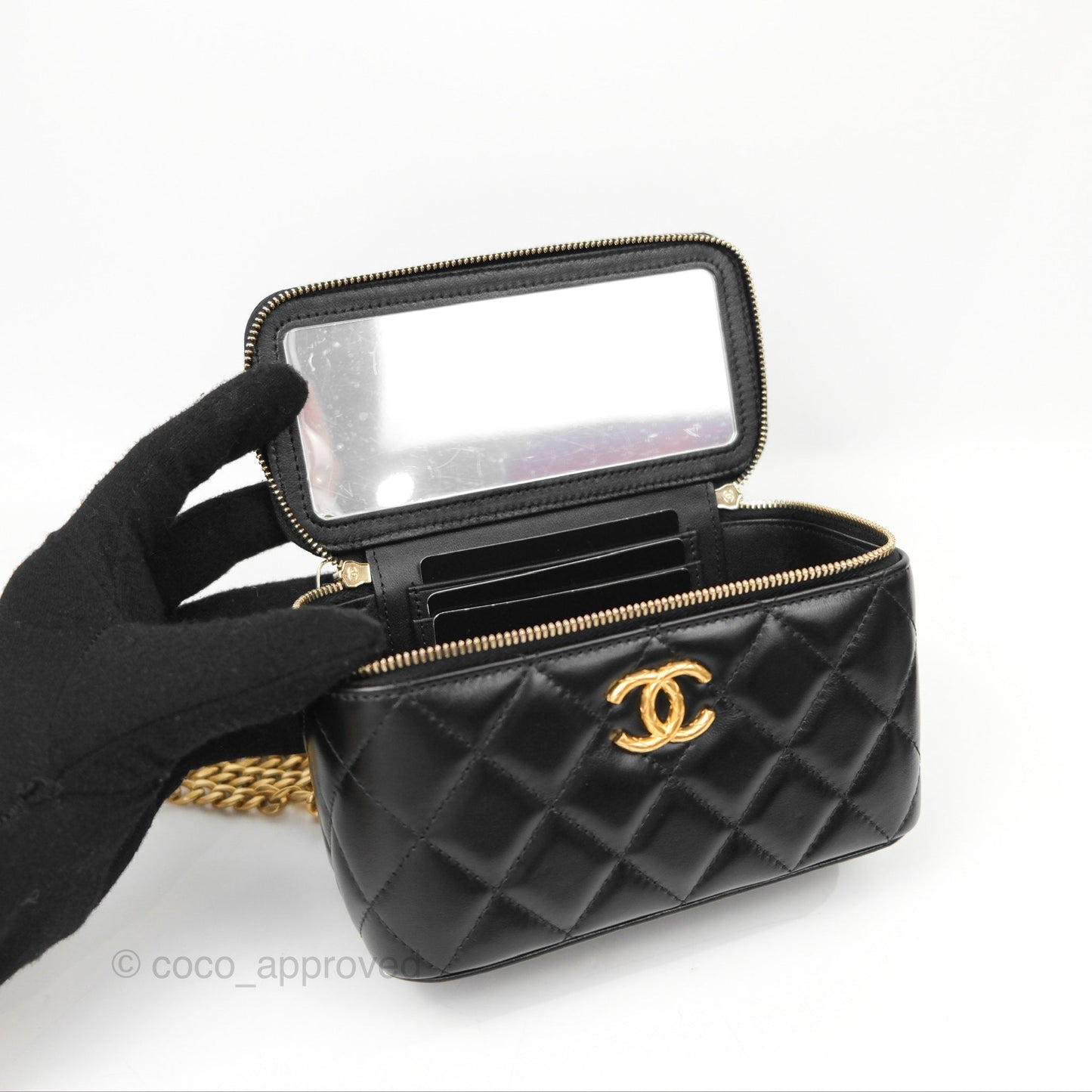Chanel Vanity with Adjustable Chain Black Lambskin Aged Gold Hardware