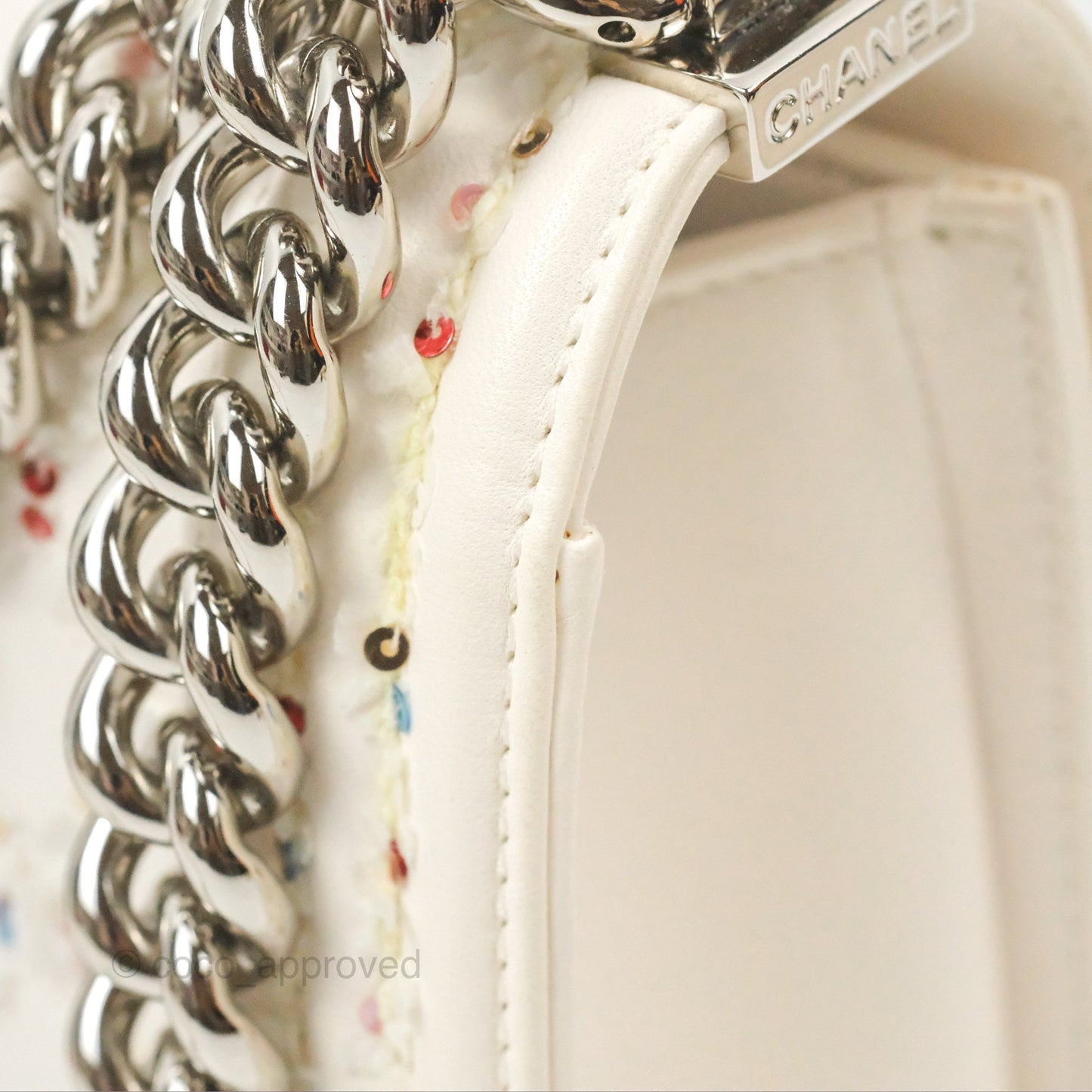 Chanel Medium Boy Sequins Quilted White Lambskin Silver Hardware