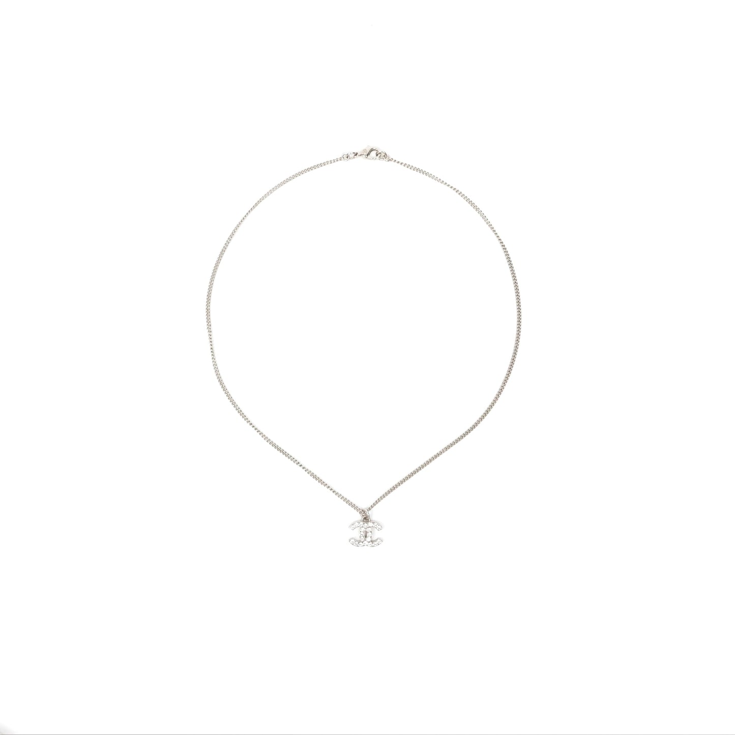 Chanel Crystal CC Necklace Silver Tone 12V