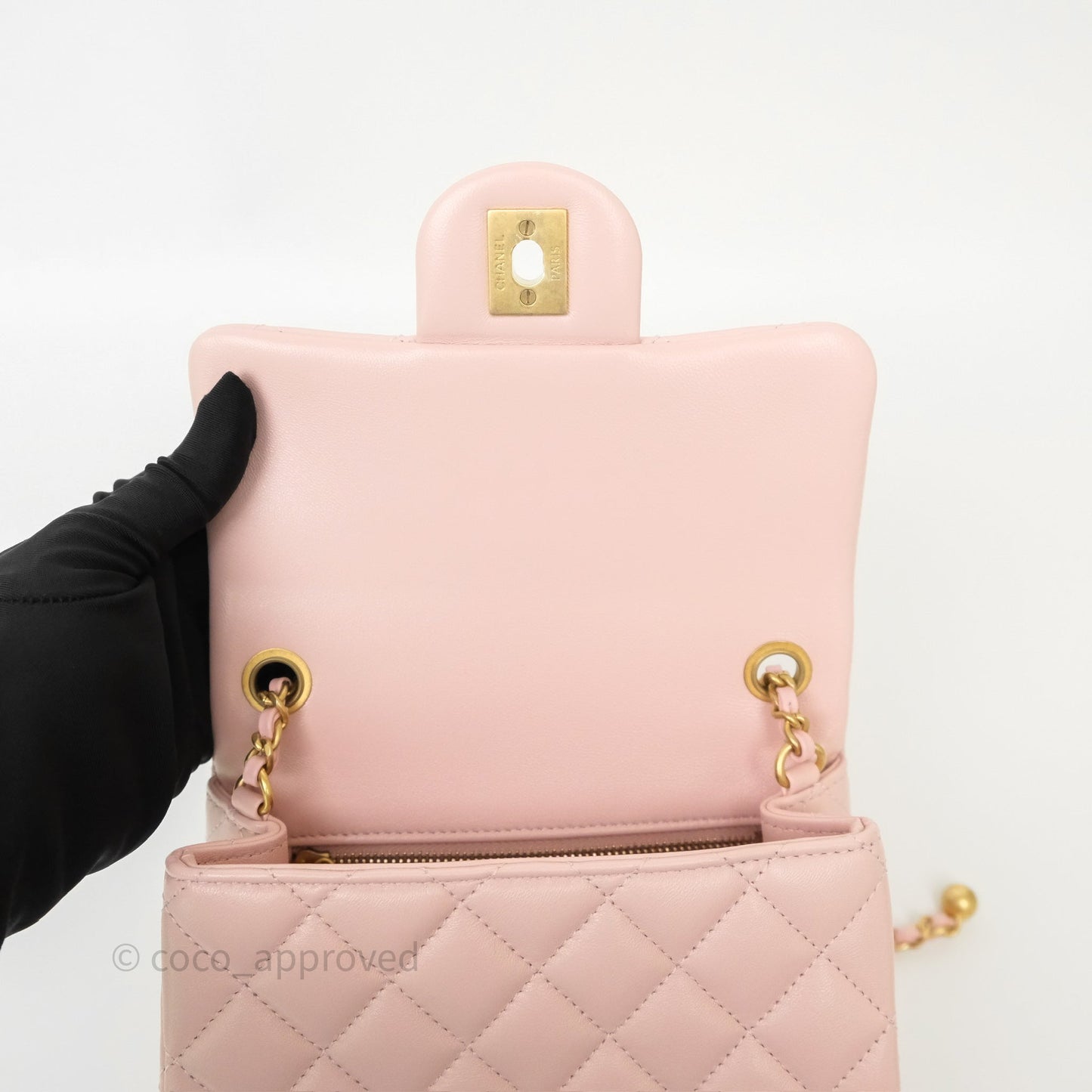 Chanel Pearl Crush Mini Square Quilted Light Pink Lambskin Aged Gold Hardware