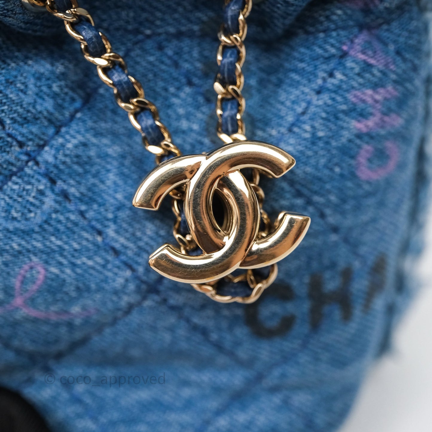 Chanel Mood Denim Mini Bucket Bag with Chain Blue Gold Hardware