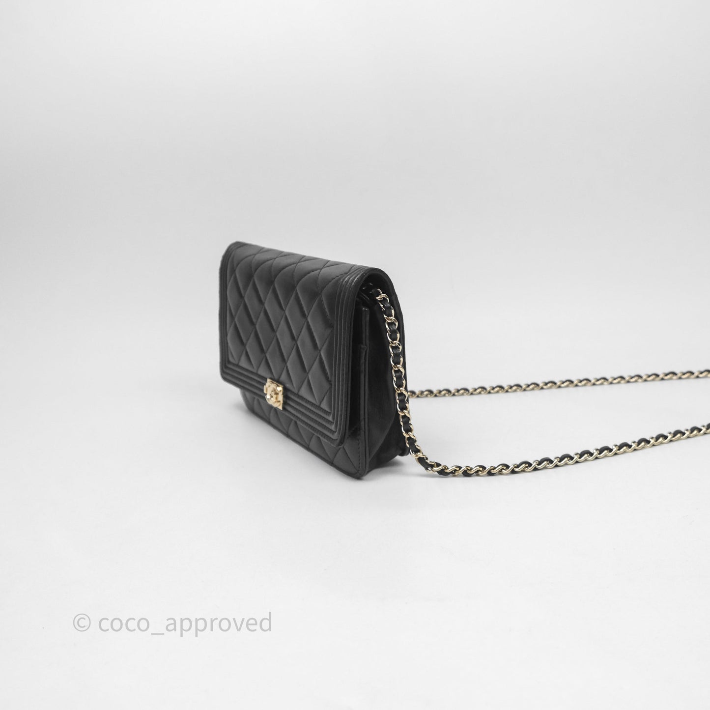 Chanel Black Quilted Lambskin Boy Wallet on Chain Gold Hardware