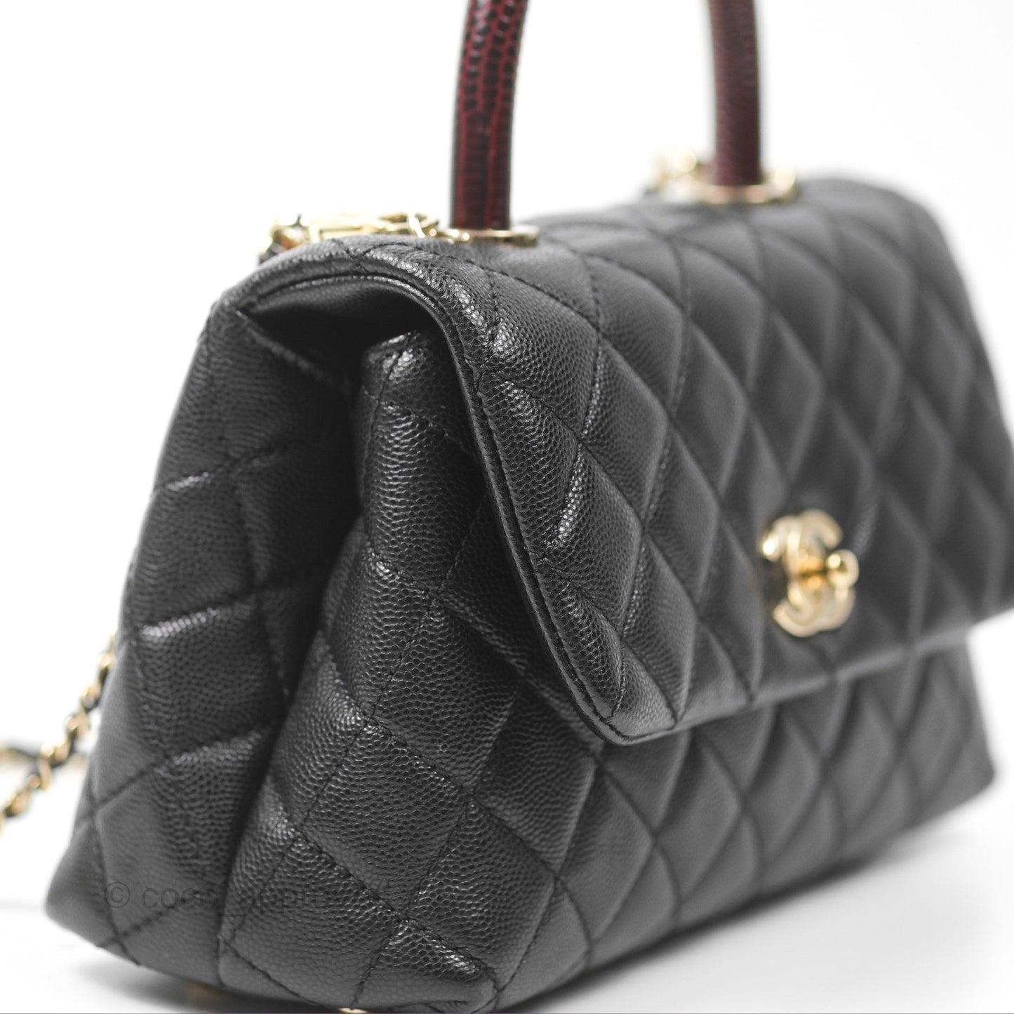 Chanel Small Coco Handle Black Caviar Gold Hardware Lizard Embossed Handle
