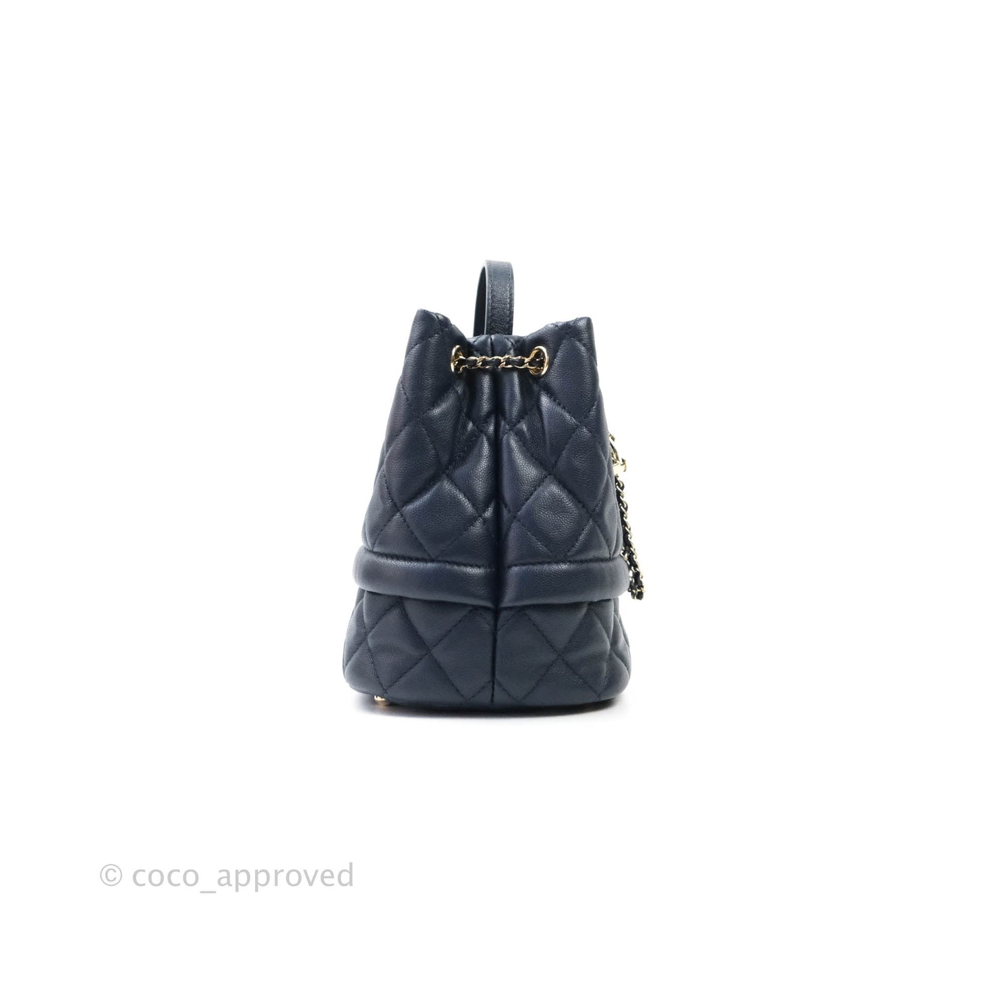 Chanel Caviar Quilted Rolled Up Bucket Drawstring Bag Navy Gold Hardware