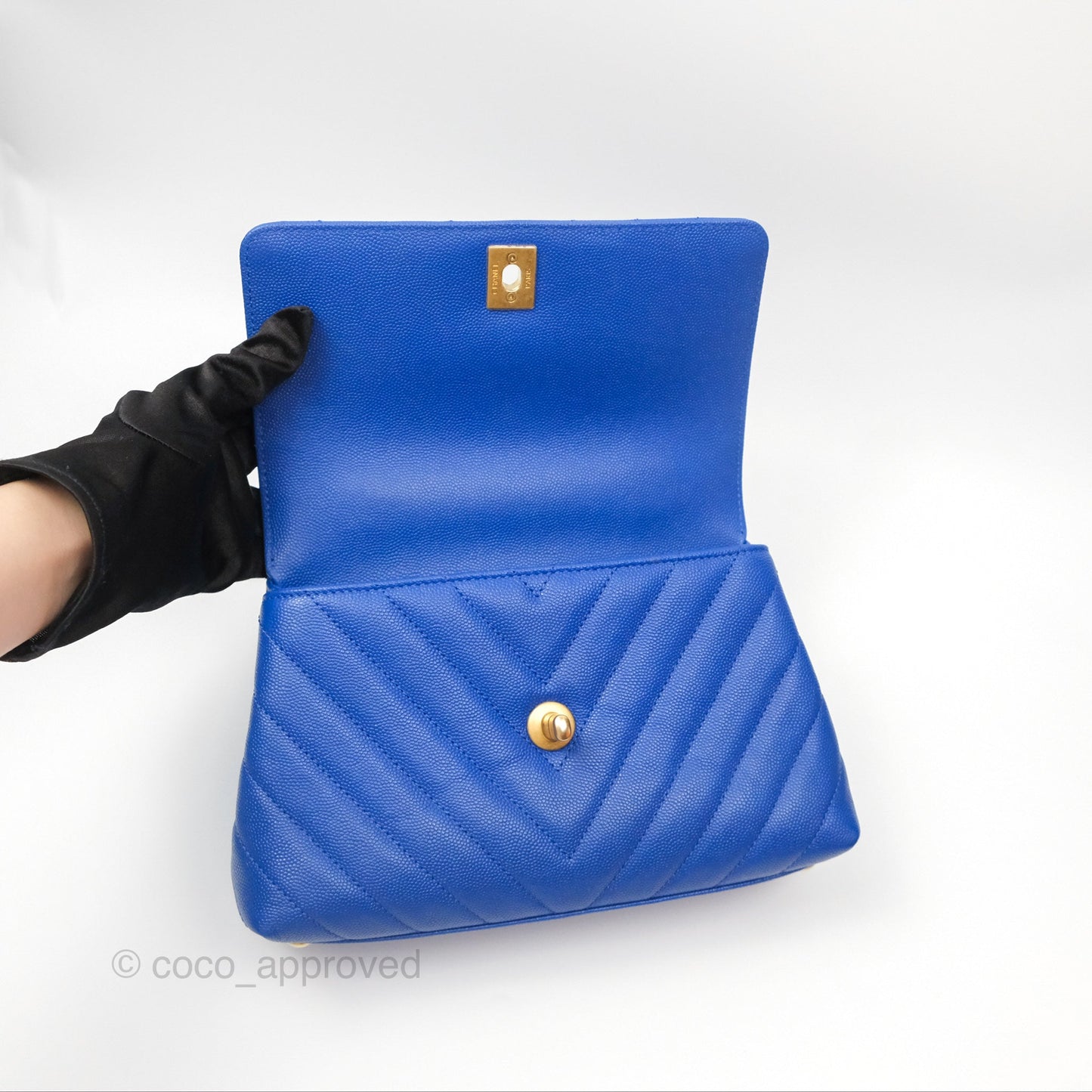 Chanel Small Coco Handle Chevron Blue Caviar Aged Gold Hardware