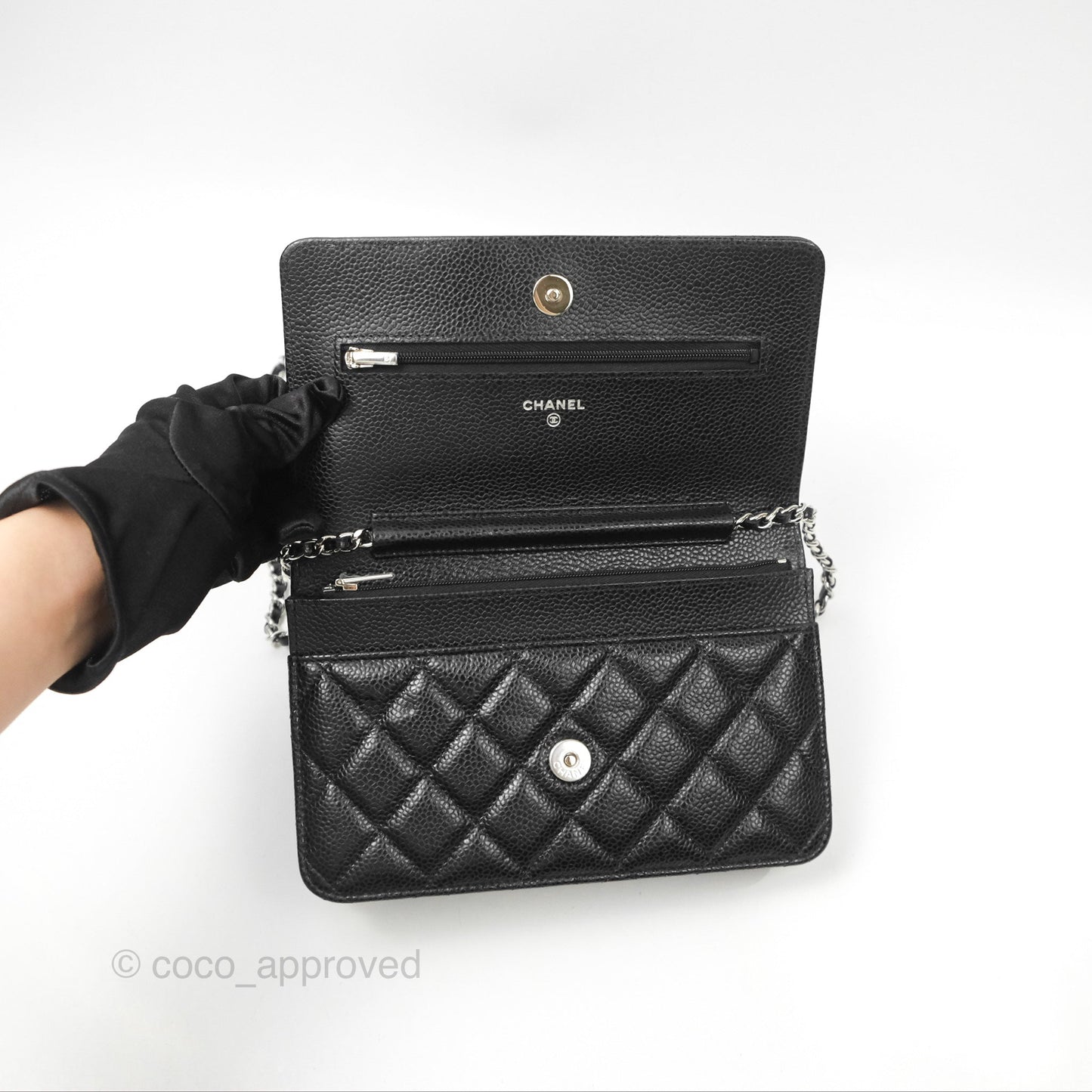 Chanel Quilted Classic Wallet On Chain WOC Black Caviar Silver Hardware