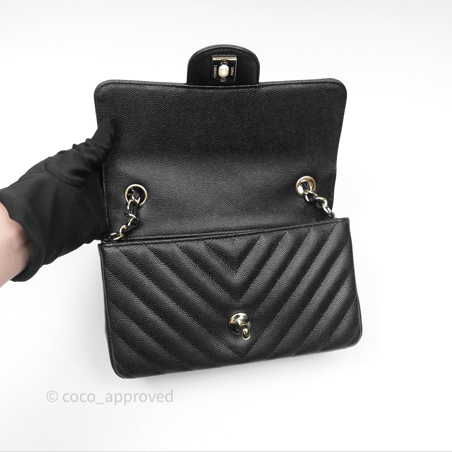 Chanel Chevron Mini Rectangular Flap Black Caviar Gold Hardware