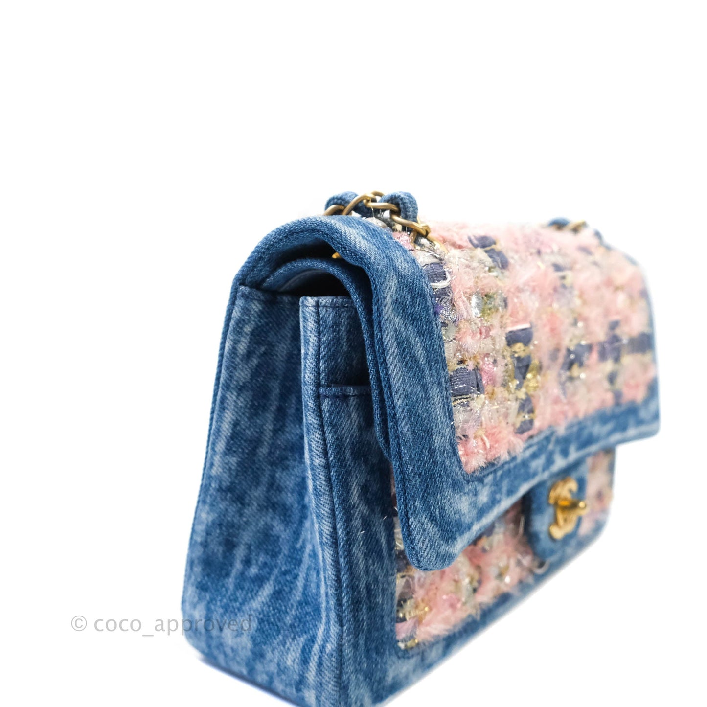 Chanel Quilted M/L Medium Double Flap Tweed Washed Denim Aged Gold Hardware