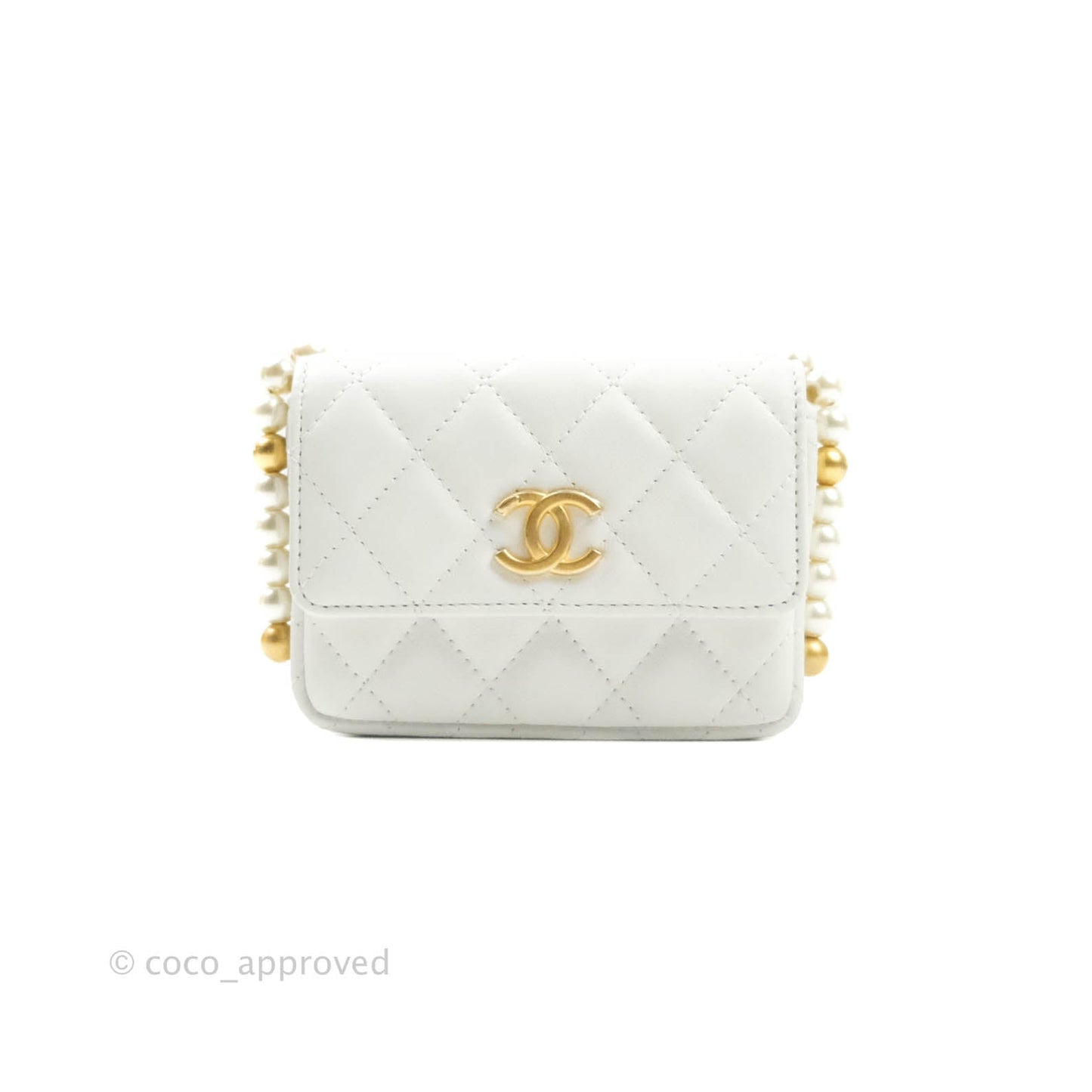 Chanel Flap Card Holder With Pearl Chain White Calfskin Aged Gold Hardware