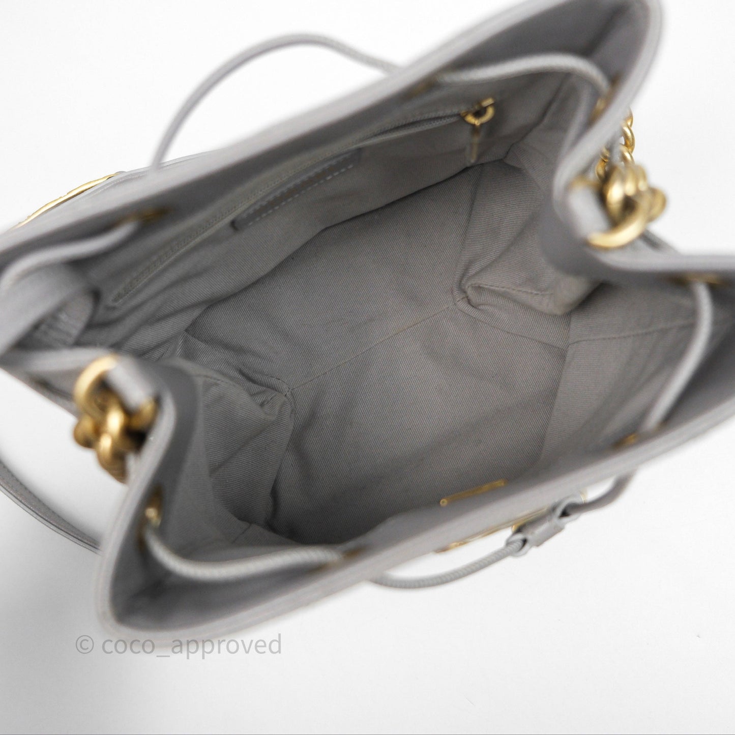 Chanel Drawstring Bucket Bag Grey Grained Calfskin Aged Gold Hardware