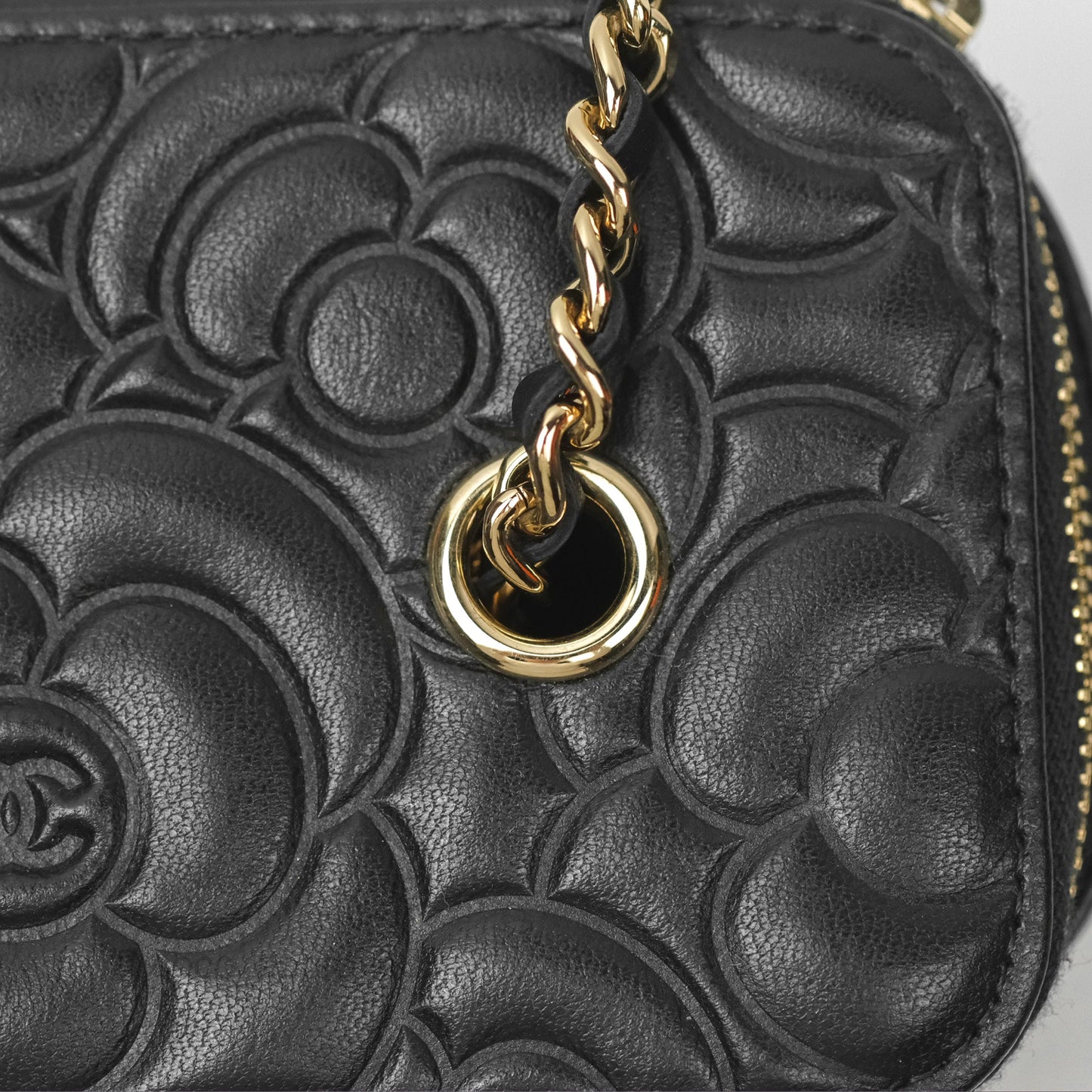 Chanel Vanity Rectangular Camellia Embossed Black Lambskin Gold Hardware 21S