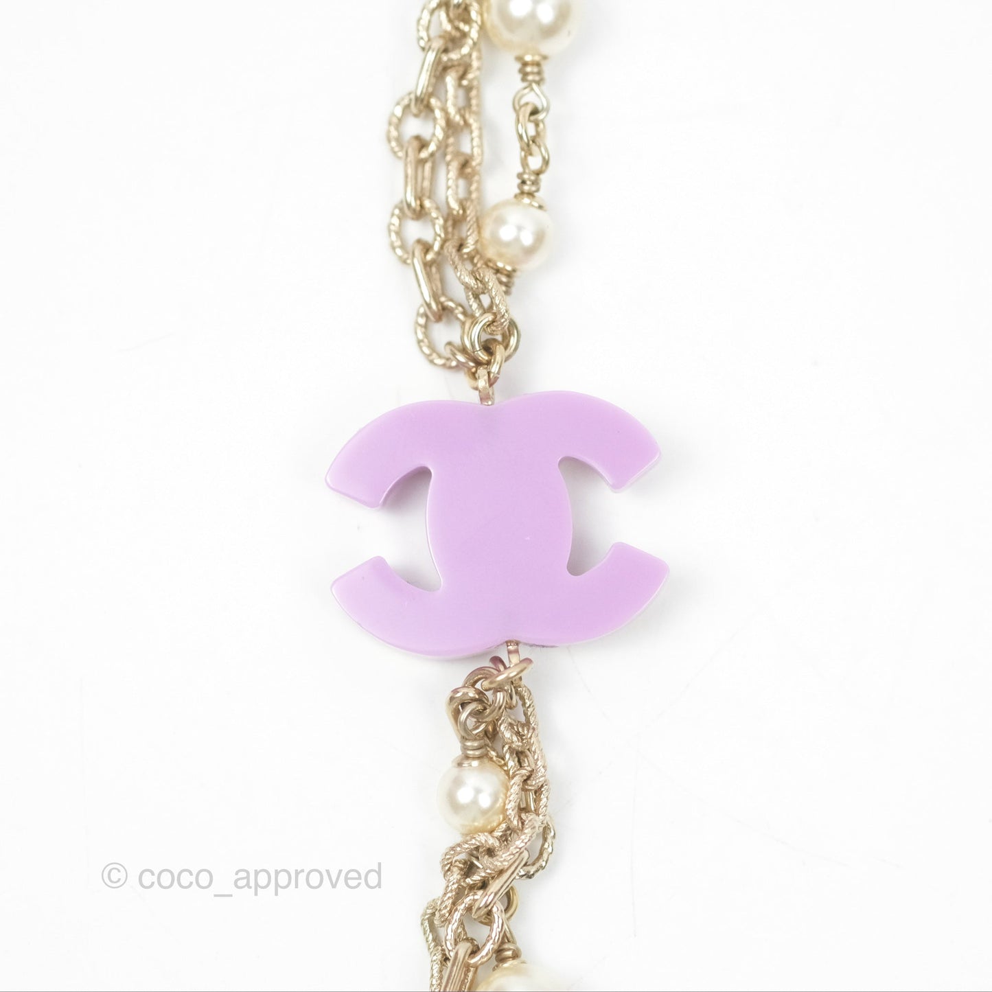 Chanel Purple CC Pearl Chain Long Necklace Gold Tone 15B