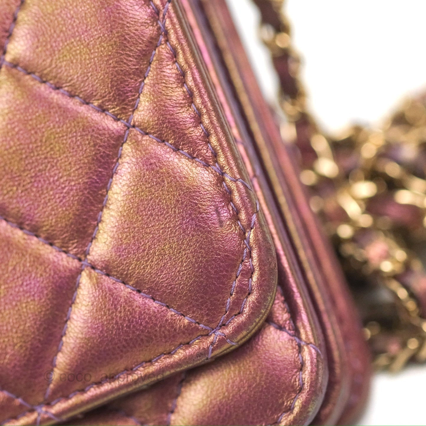 Chanel Quilted Mini Wallet on Chain WOC Iridescent Purple Gold Hardware